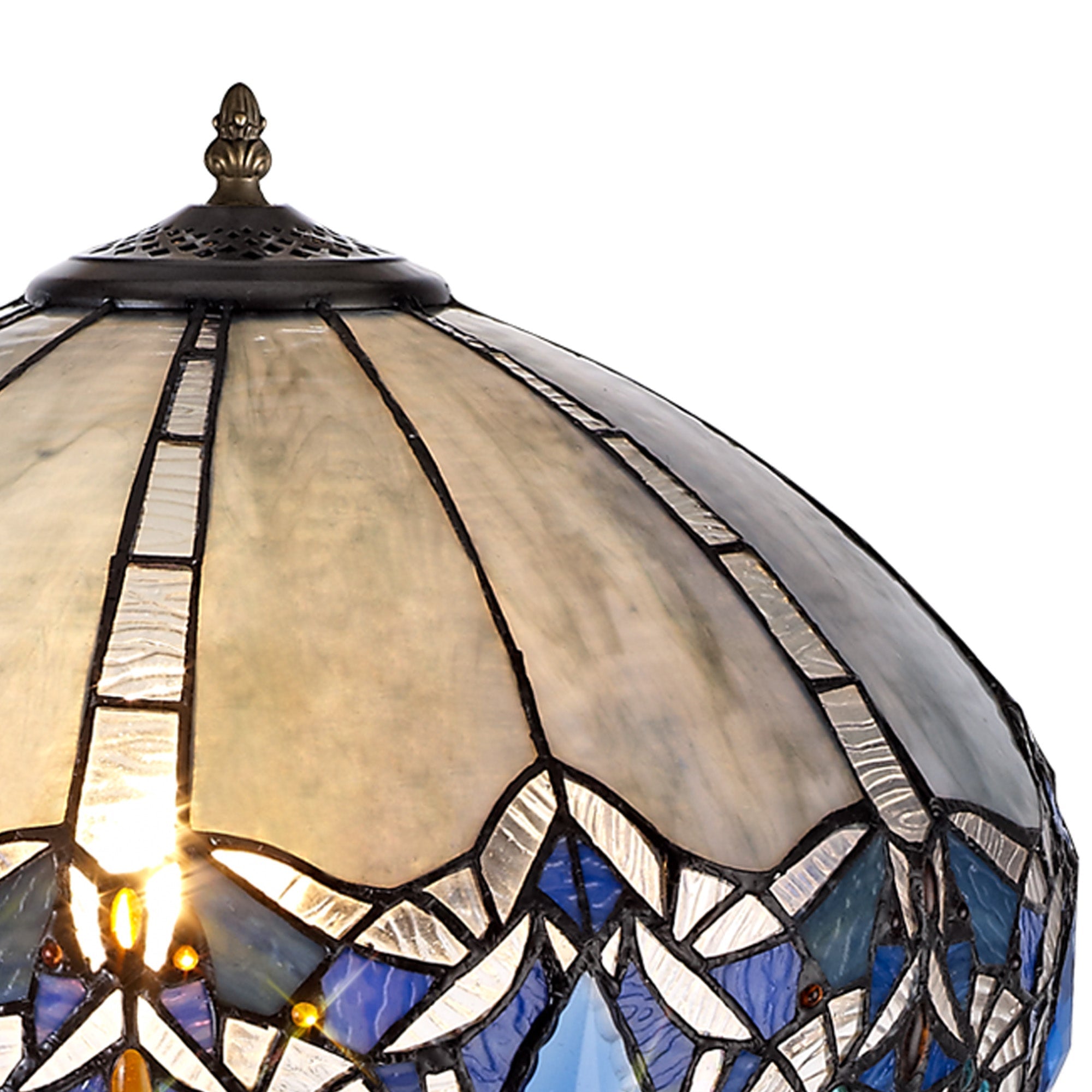 Oksana 2 Light Leaf/Octagonal/Stepped Design Floor Lamp E27 With 40cm Tiffany Shade, Blue & Clear Crystal & Aged Antique Brass