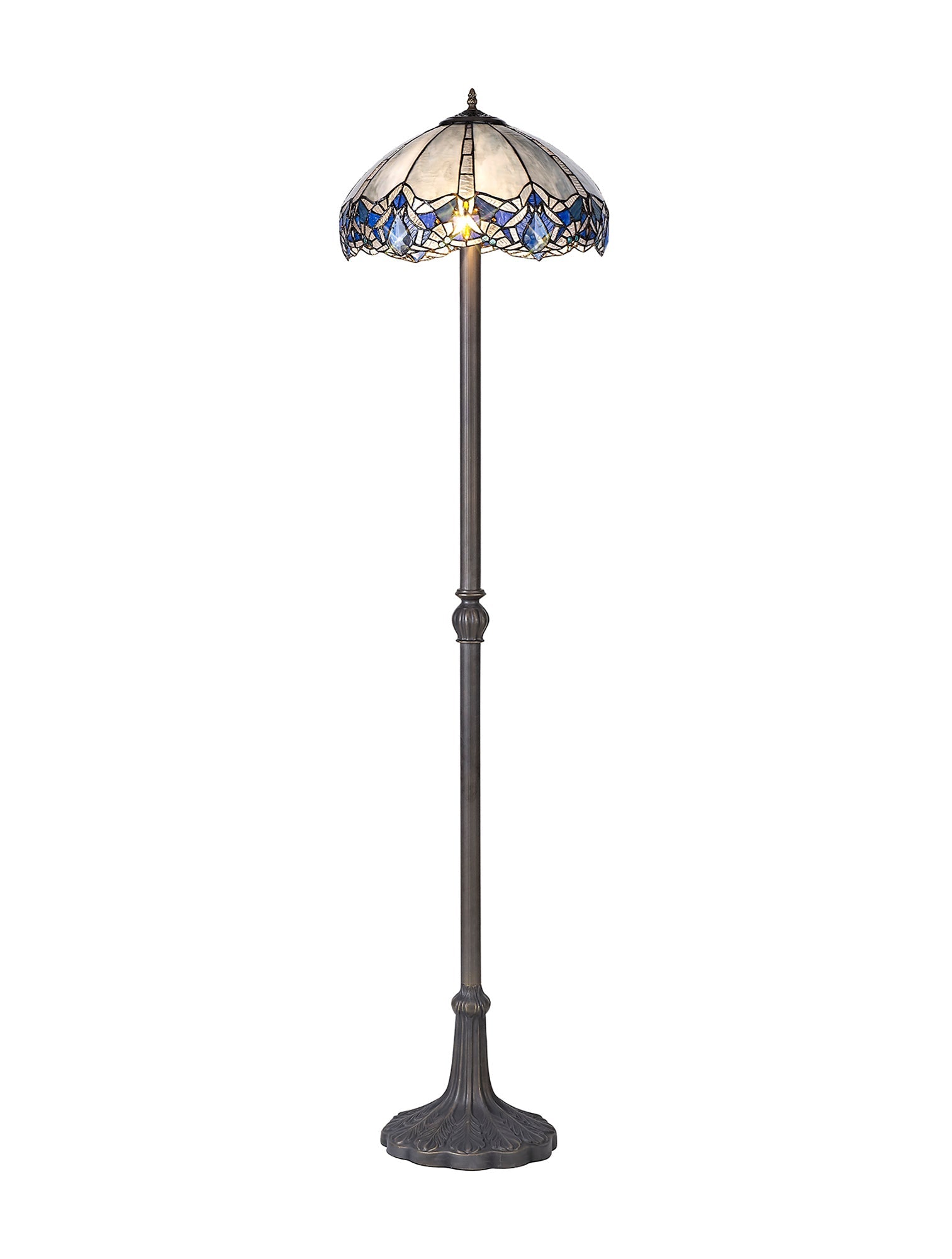 Oksana 2 Light Leaf/Octagonal/Stepped Design Floor Lamp E27 With 40cm Tiffany Shade, Blue & Clear Crystal & Aged Antique Brass