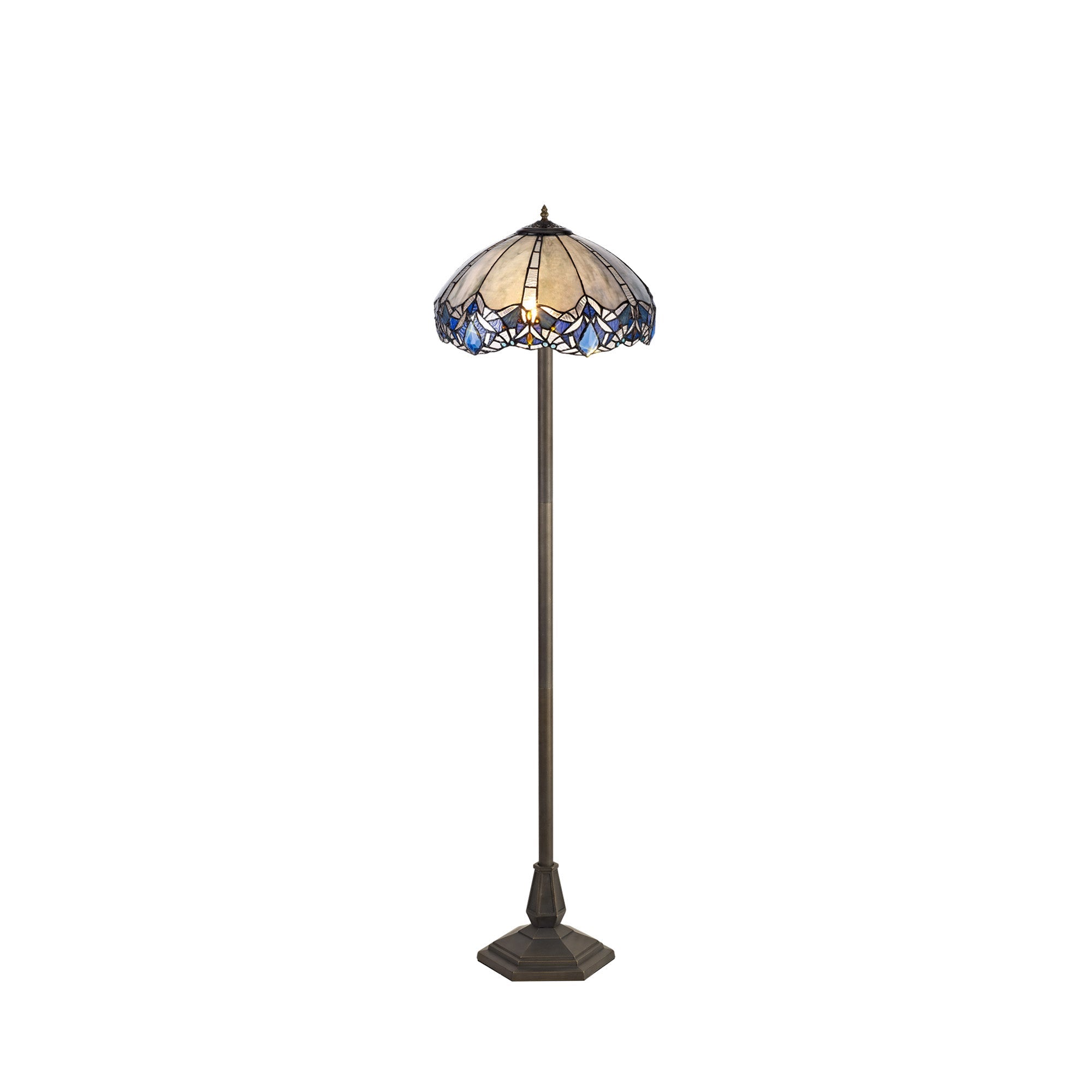Oksana 2 Light Leaf/Octagonal/Stepped Design Floor Lamp E27 With 40cm Tiffany Shade, Blue & Clear Crystal & Aged Antique Brass
