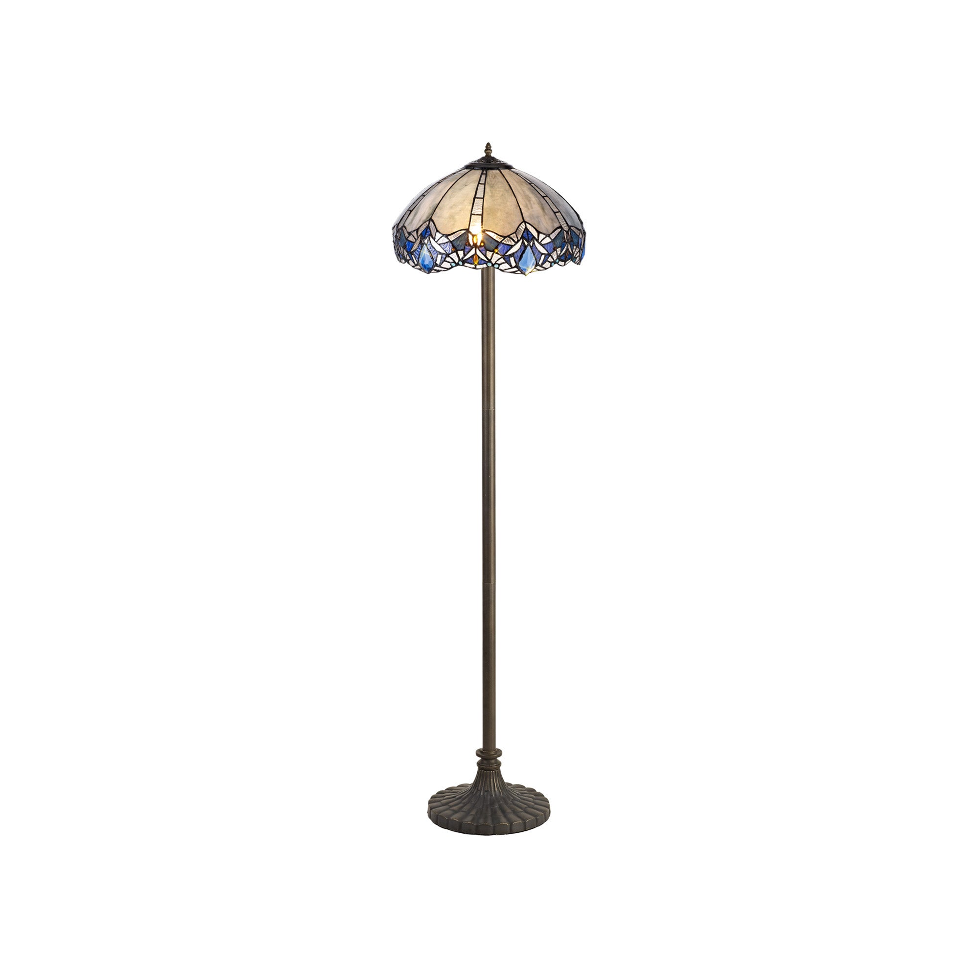 Oksana 2 Light Leaf/Octagonal/Stepped Design Floor Lamp E27 With 40cm Tiffany Shade, Blue & Clear Crystal & Aged Antique Brass