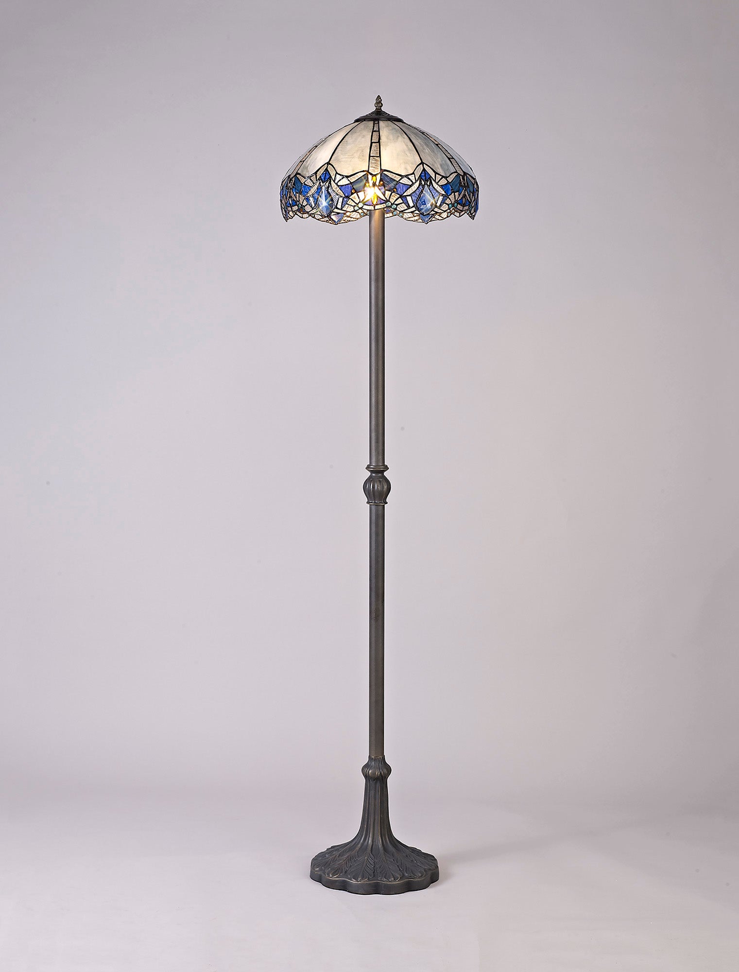 Oksana 2 Light Leaf/Octagonal/Stepped Design Floor Lamp E27 With 40cm Tiffany Shade, Blue & Clear Crystal & Aged Antique Brass