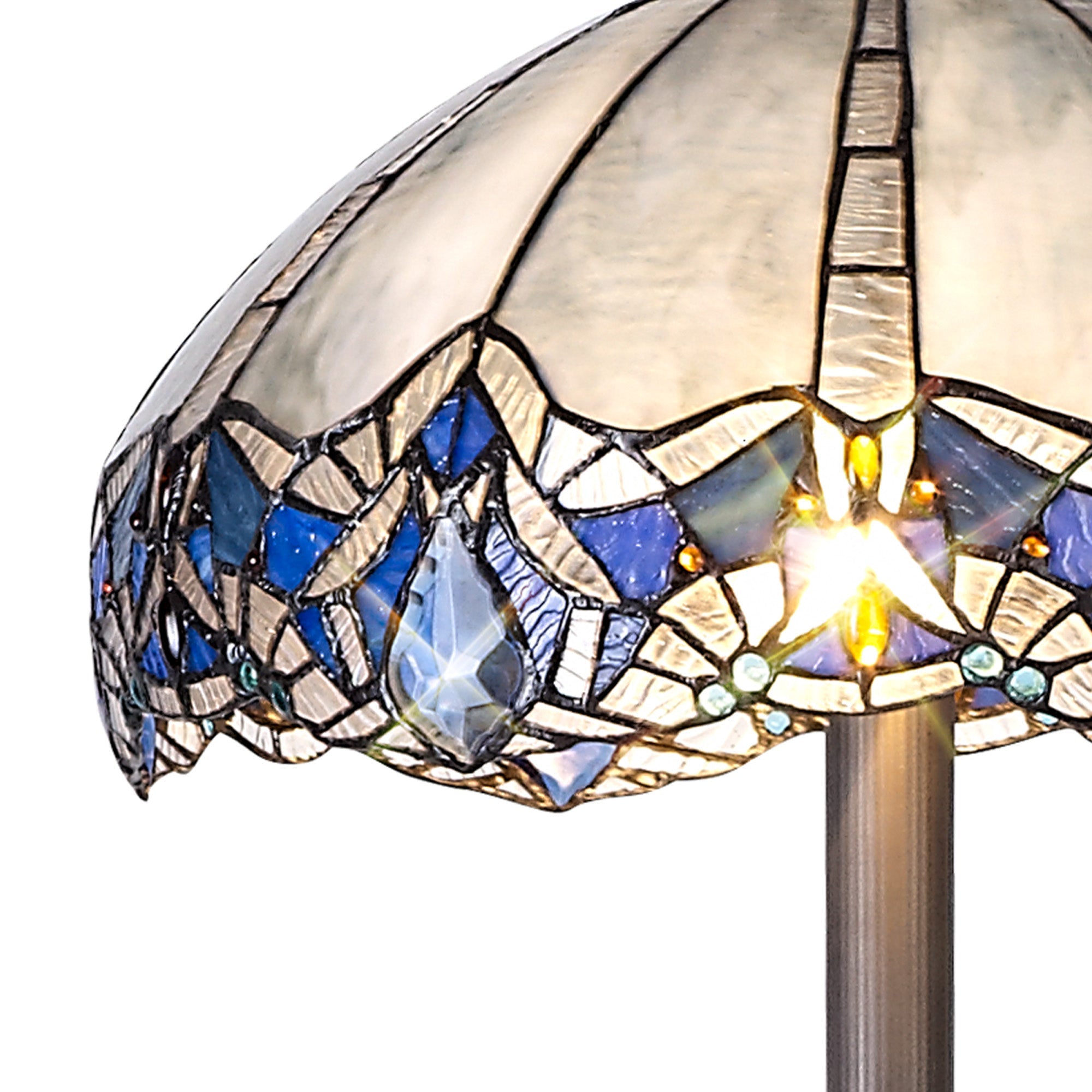 Oksana 2 Light Leaf/Octagonal/Stepped Design Floor Lamp E27 With 40cm Tiffany Shade, Blue & Clear Crystal & Aged Antique Brass