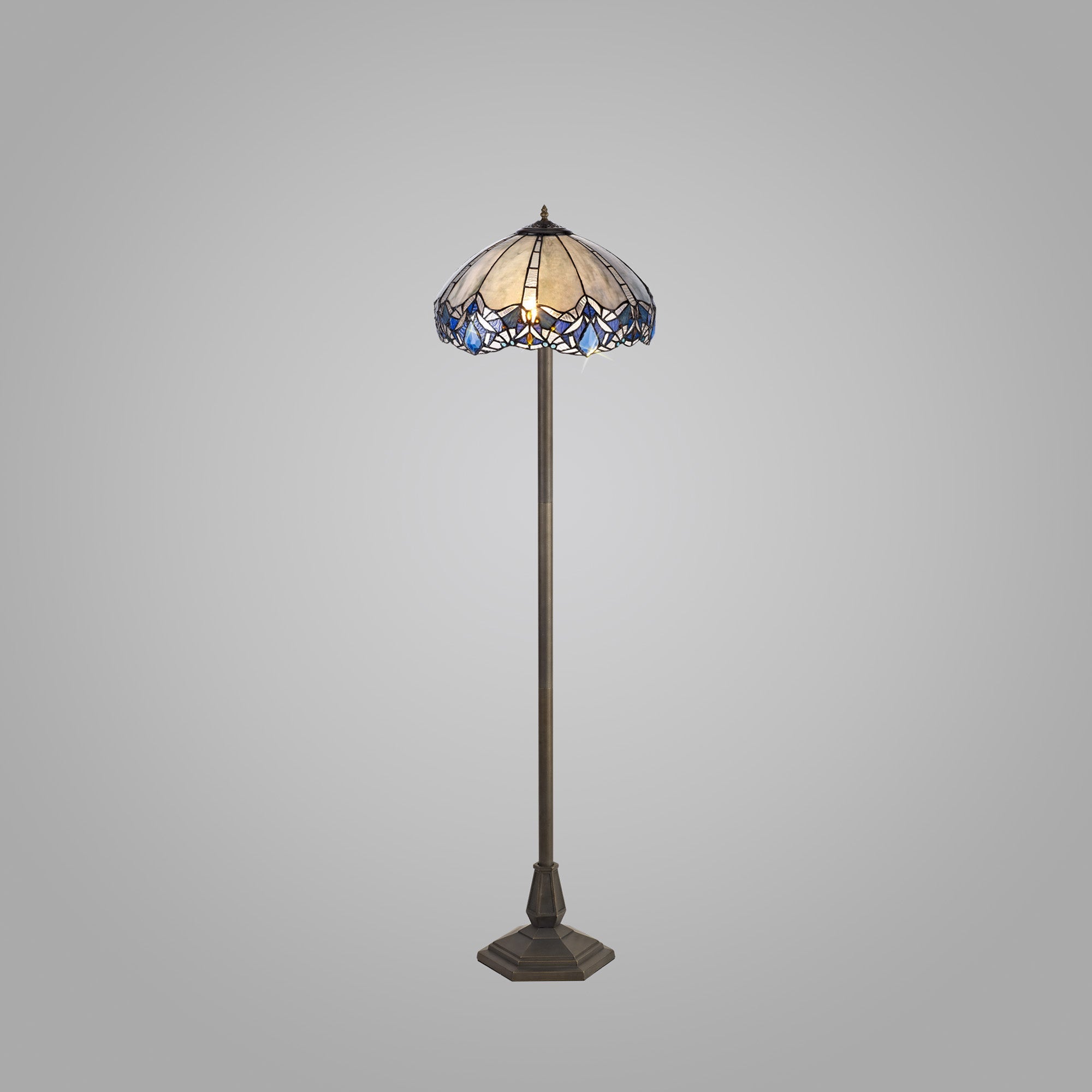 Oksana 2 Light Leaf/Octagonal/Stepped Design Floor Lamp E27 With 40cm Tiffany Shade, Blue & Clear Crystal & Aged Antique Brass