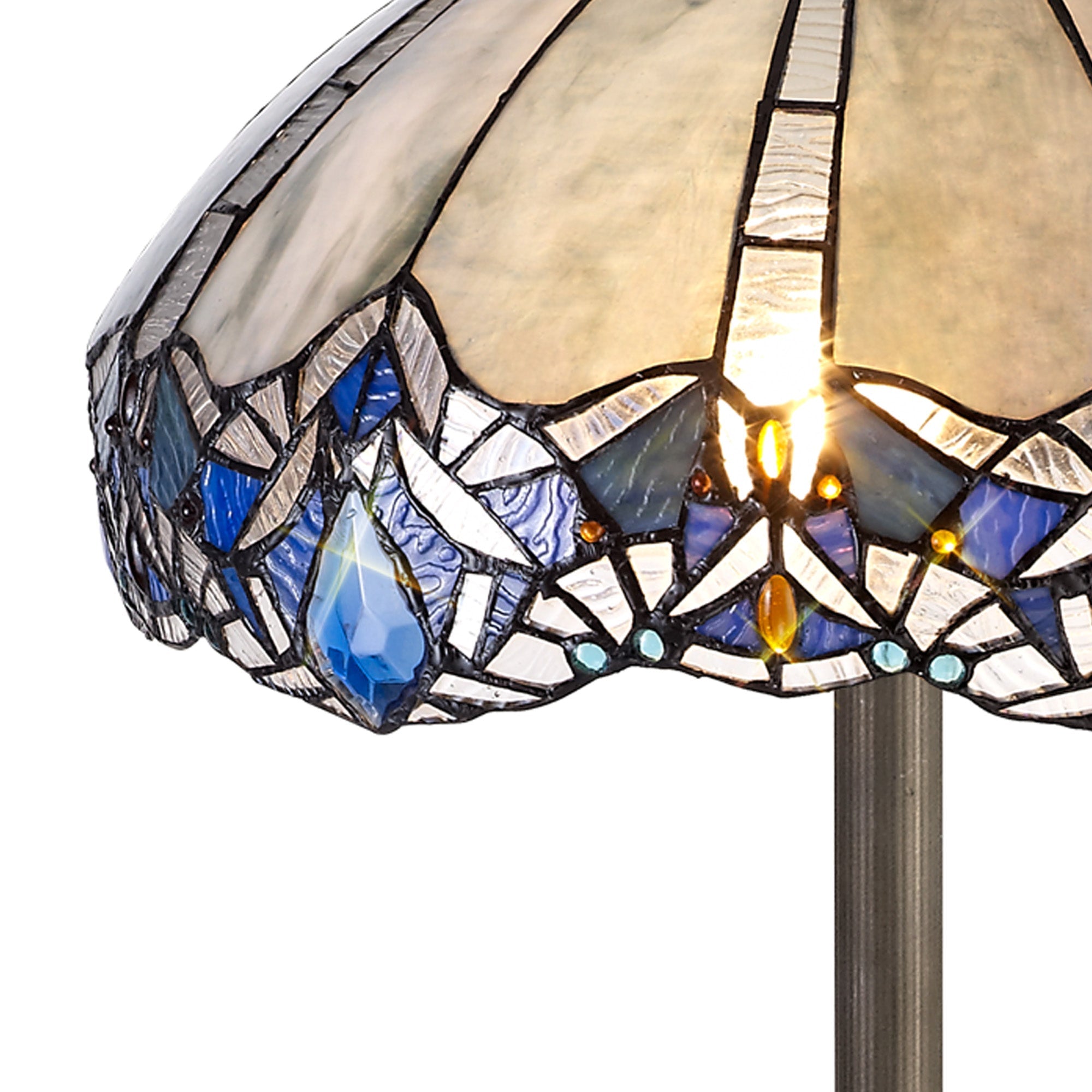 Oksana 2 Light Leaf/Octagonal/Stepped Design Floor Lamp E27 With 40cm Tiffany Shade, Blue & Clear Crystal & Aged Antique Brass