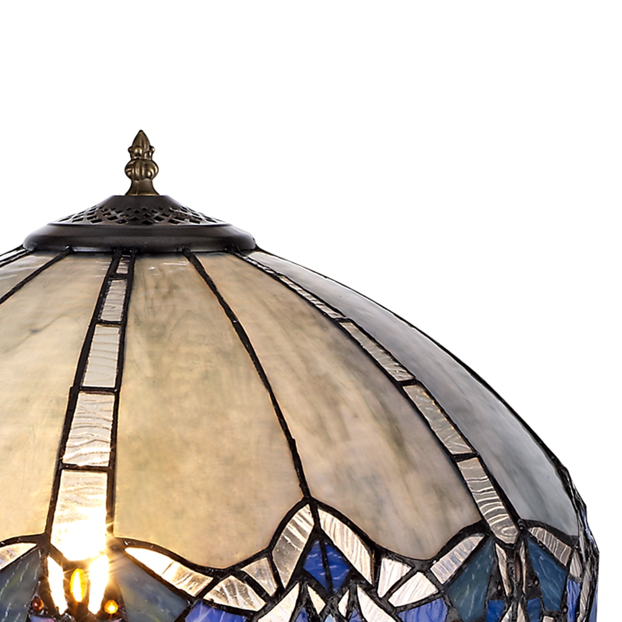 Oksana 2 Light Leaf/Octagonal/Stepped Design Floor Lamp E27 With 40cm Tiffany Shade, Blue & Clear Crystal & Aged Antique Brass