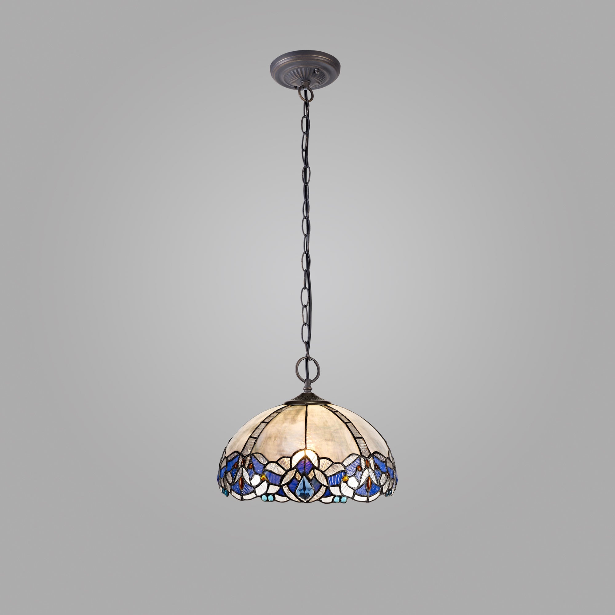 Oksana 2/3 Light Centre Ceiling Downlight E27 With Medium/Large Tiffany Shade, Blue & Clear Crystal & Aged Antique Brass