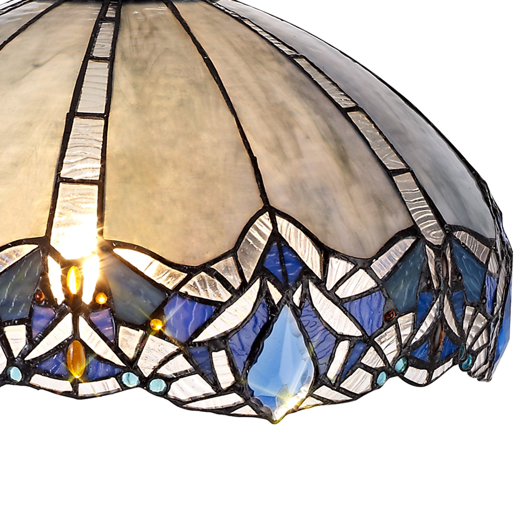 Oksana 2/3 Light Centre Ceiling Downlight E27 With Medium/Large Tiffany Shade, Blue & Clear Crystal & Aged Antique Brass