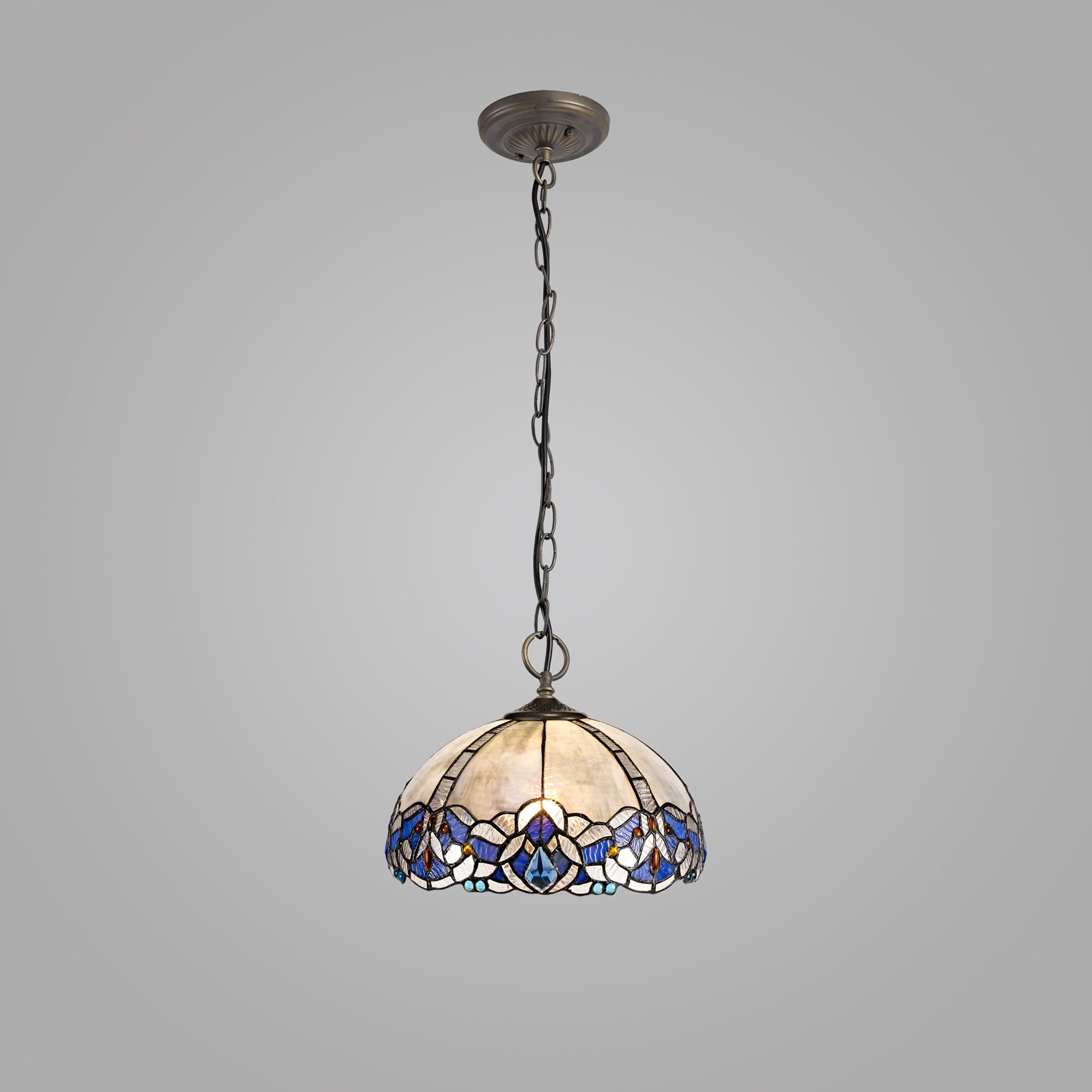 Oksana 2/3 Light Centre Ceiling Downlight E27 With Medium/Large Tiffany Shade, Blue & Clear Crystal & Aged Antique Brass