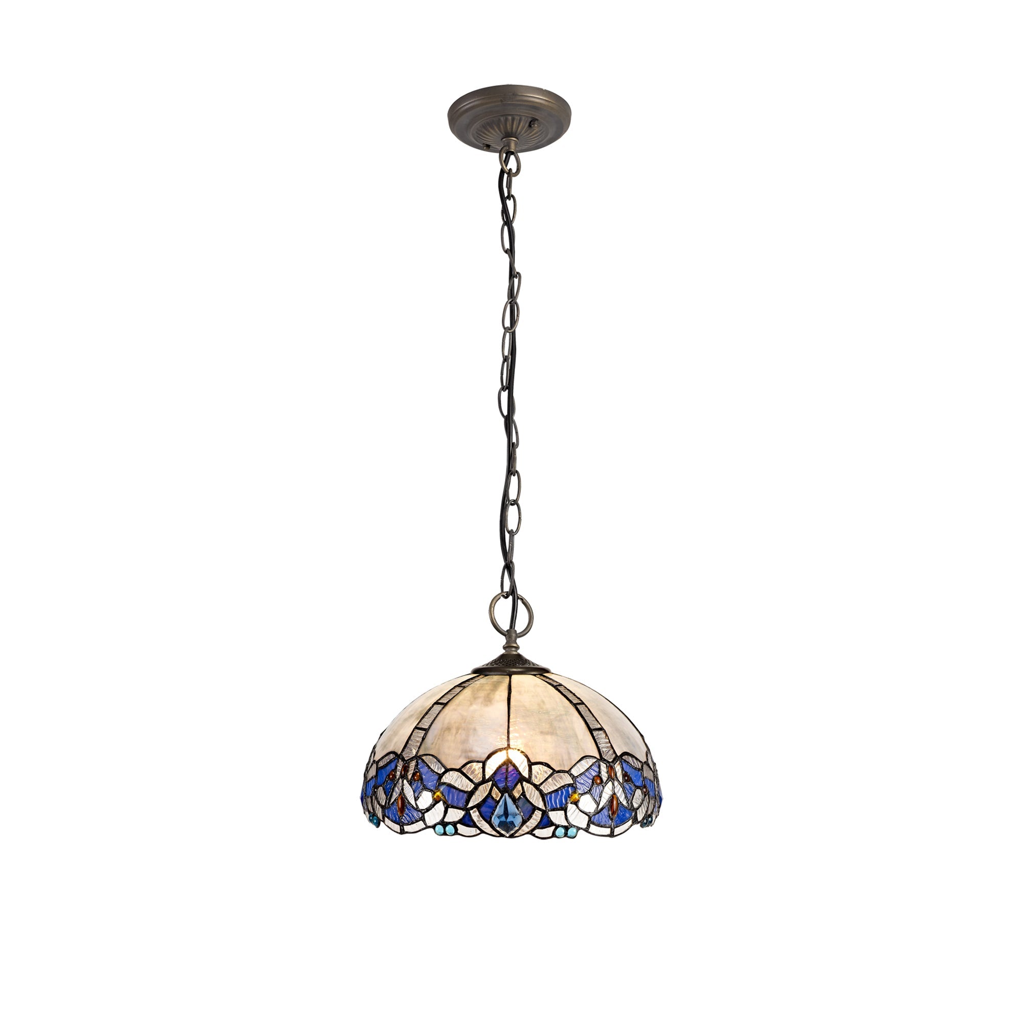 Oksana 2/3 Light Centre Ceiling Downlight E27 With Medium/Large Tiffany Shade, Blue & Clear Crystal & Aged Antique Brass