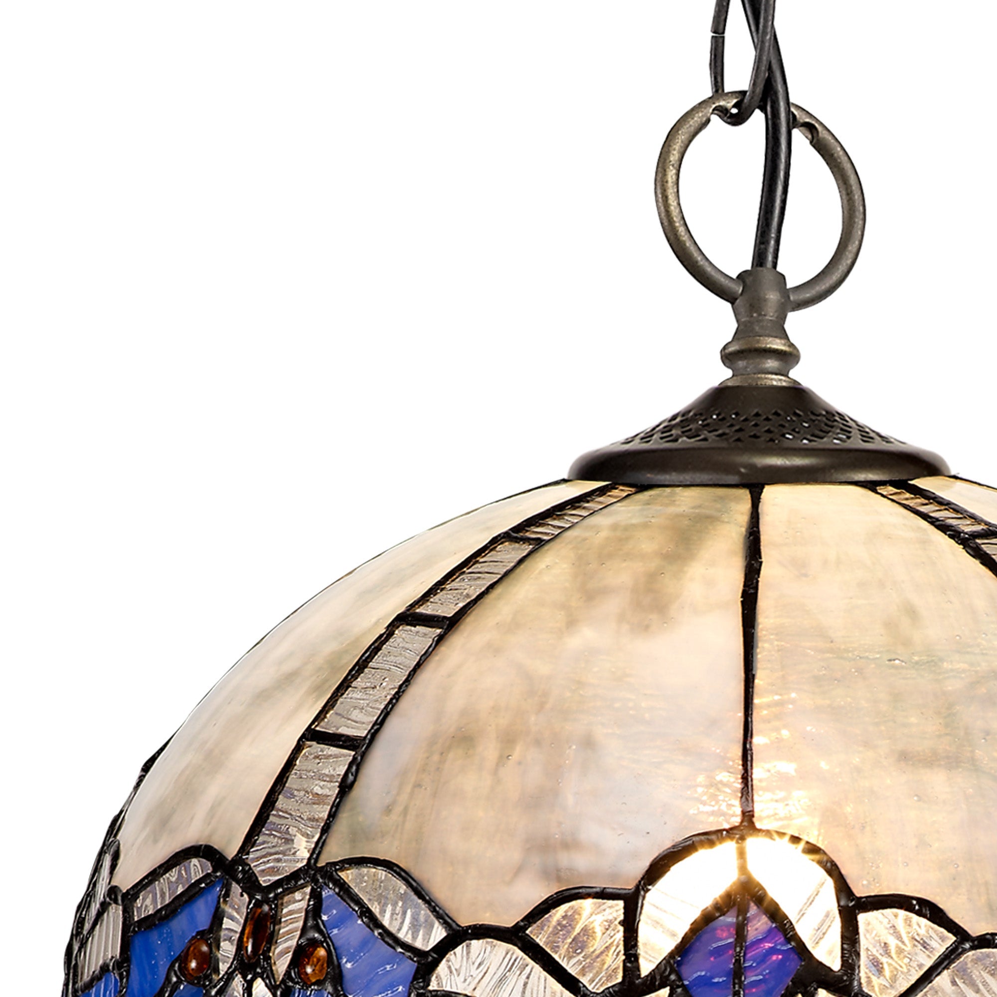 Oksana 2/3 Light Centre Ceiling Downlight E27 With Medium/Large Tiffany Shade, Blue & Clear Crystal & Aged Antique Brass