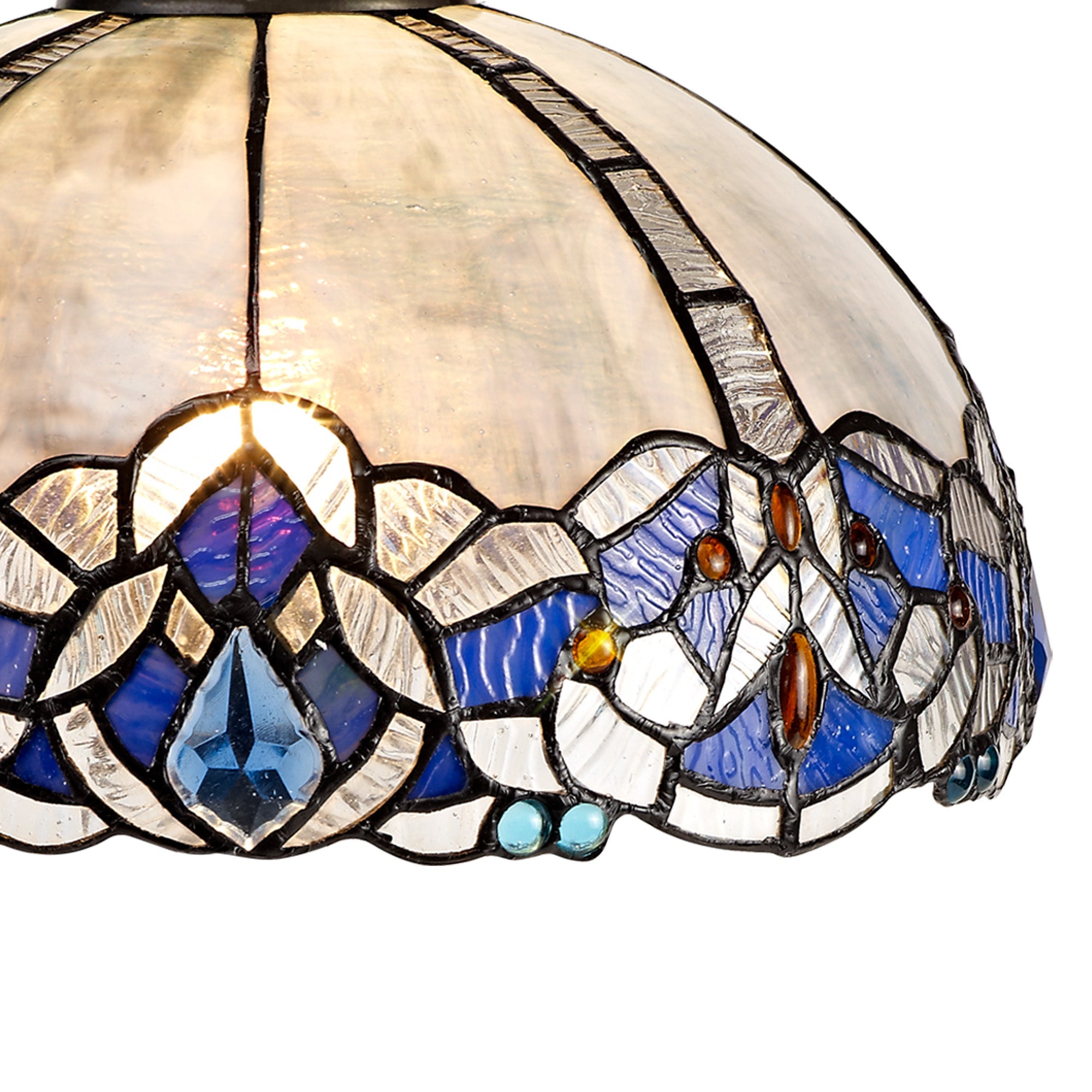 Oksana 2/3 Light Centre Ceiling Downlight E27 With Medium/Large Tiffany Shade, Blue & Clear Crystal & Aged Antique Brass