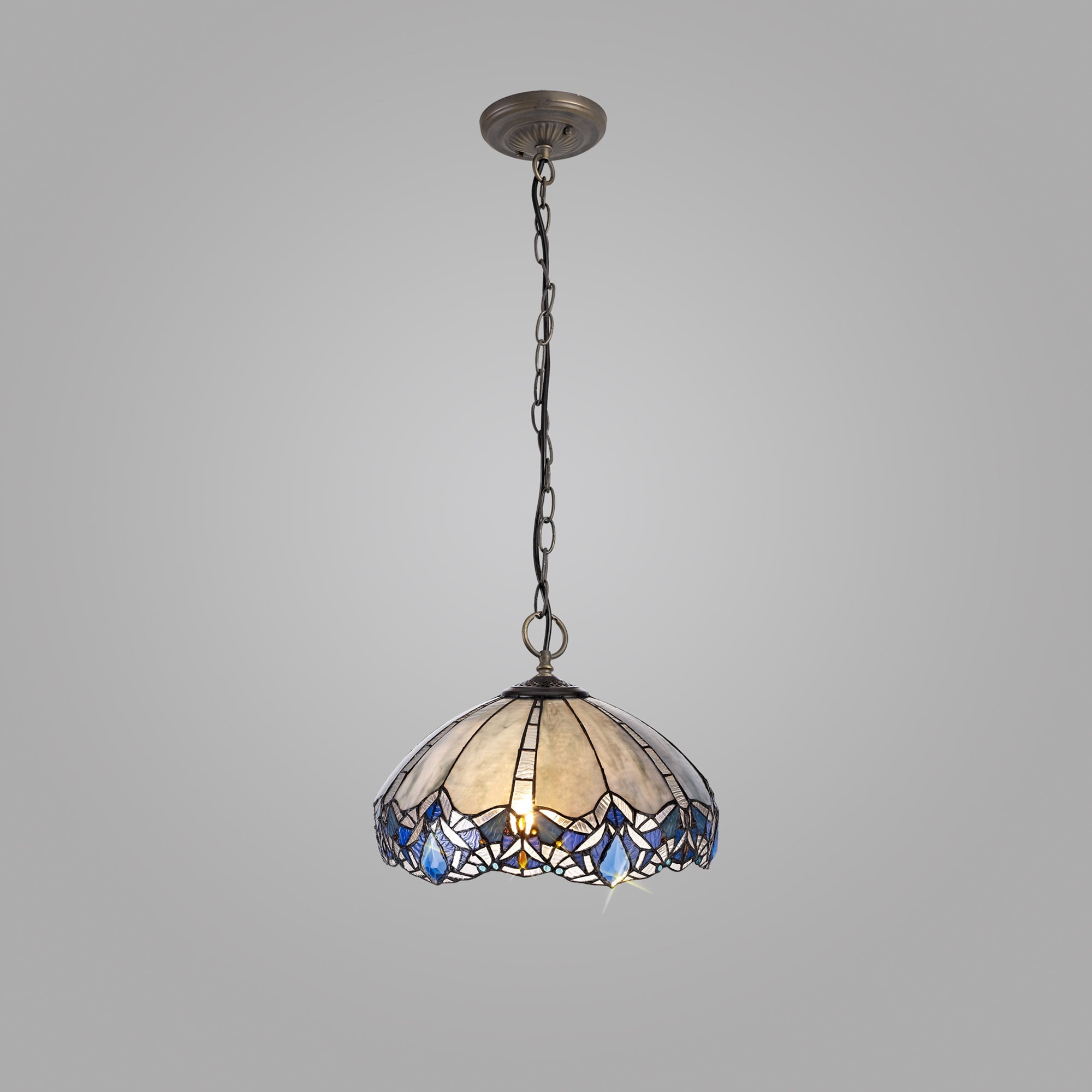 Oksana 2/3 Light Centre Ceiling Downlight E27 With Medium/Large Tiffany Shade, Blue & Clear Crystal & Aged Antique Brass