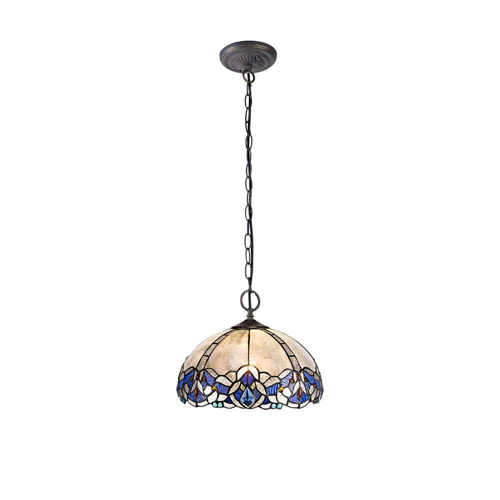 Oksana 2/3 Light Centre Ceiling Downlight E27 With Medium/Large Tiffany Shade, Blue & Clear Crystal & Aged Antique Brass