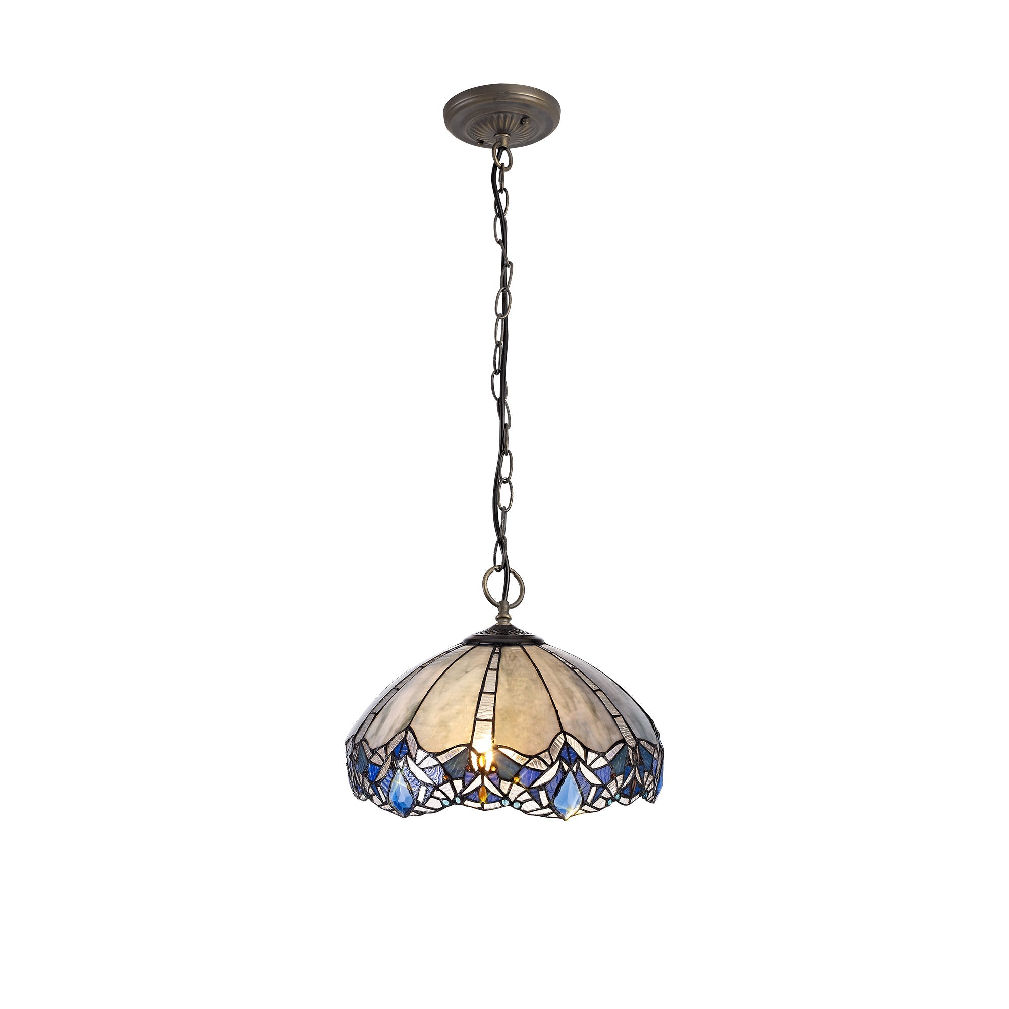 Oksana 2/3 Light Centre Ceiling Downlight E27 With Medium/Large Tiffany Shade, Blue & Clear Crystal & Aged Antique Brass