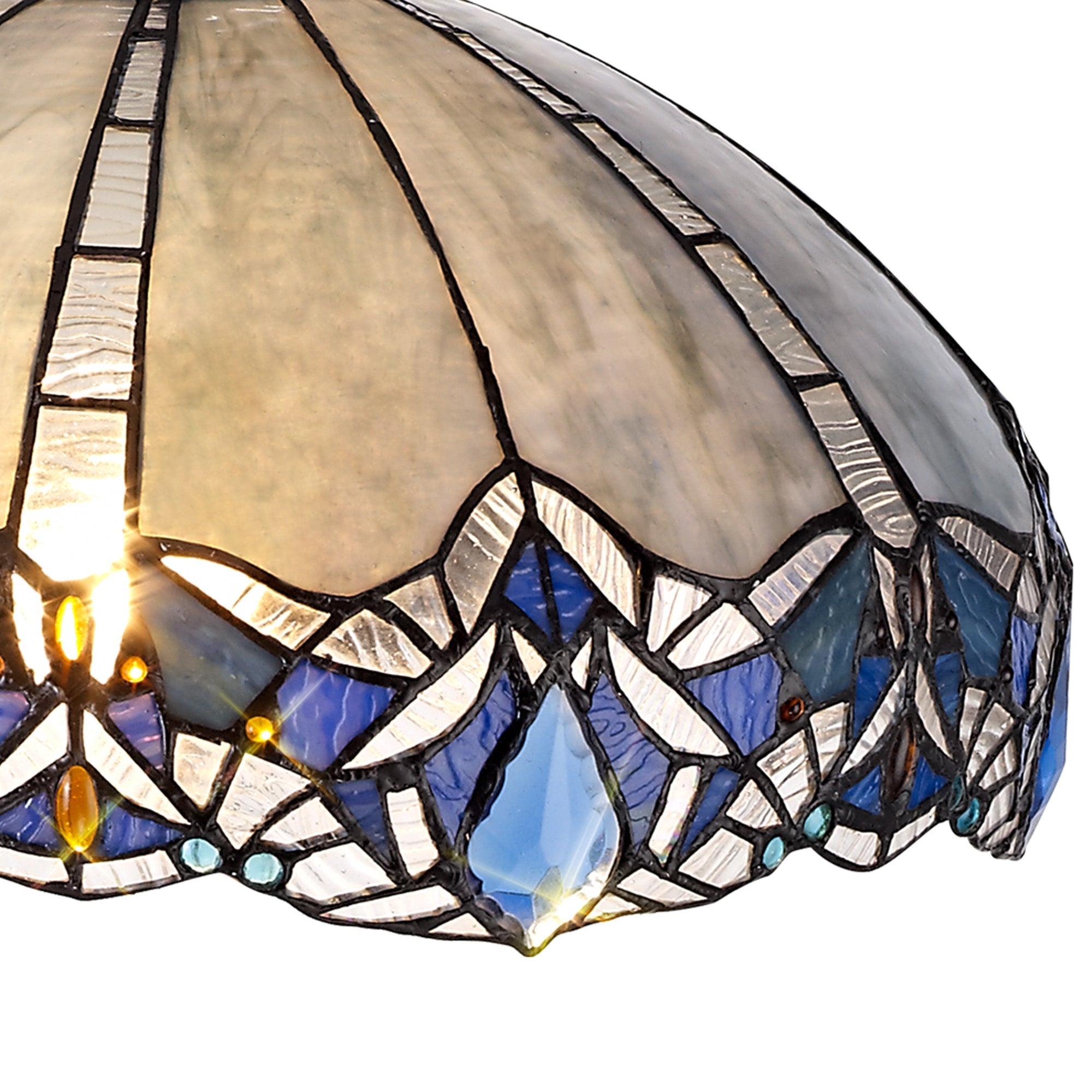 Oksana 2/3 Light Centre Ceiling Downlight E27 With Medium/Large Tiffany Shade, Blue & Clear Crystal & Aged Antique Brass