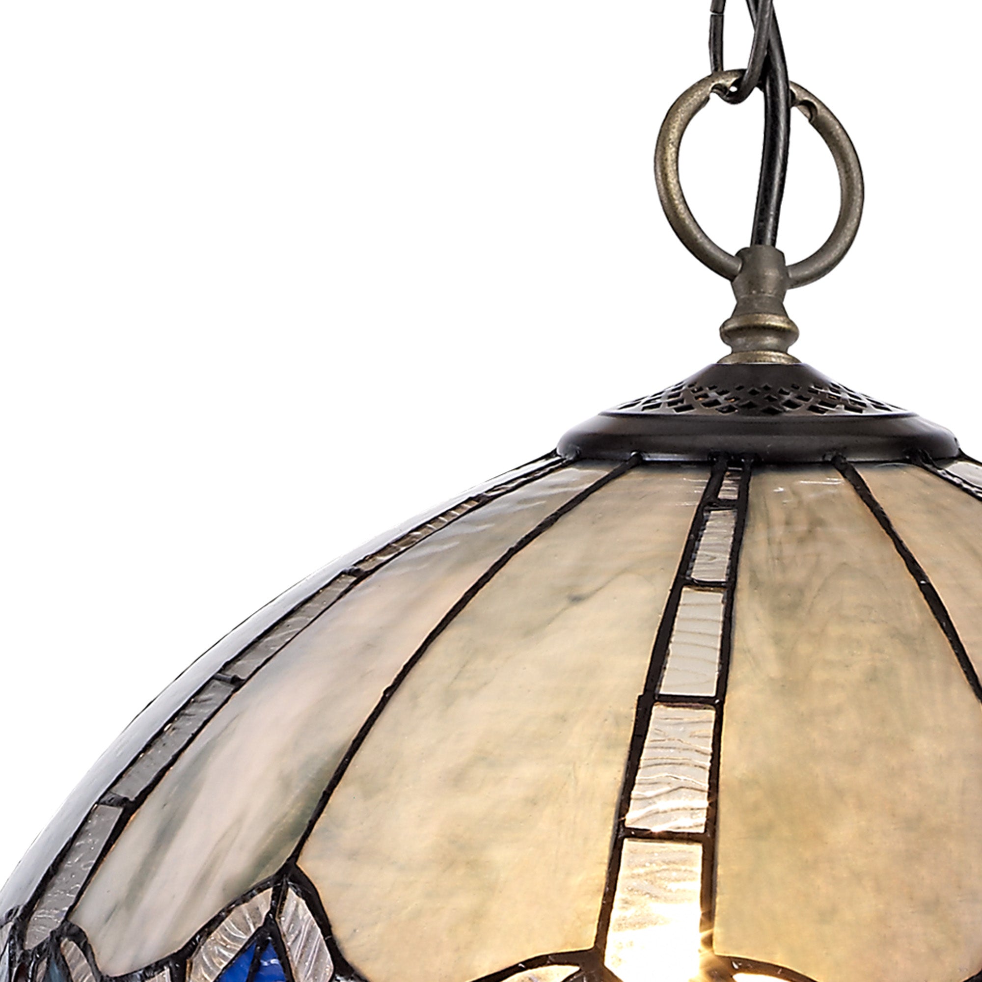 Oksana 2/3 Light Centre Ceiling Downlight E27 With Medium/Large Tiffany Shade, Blue & Clear Crystal & Aged Antique Brass