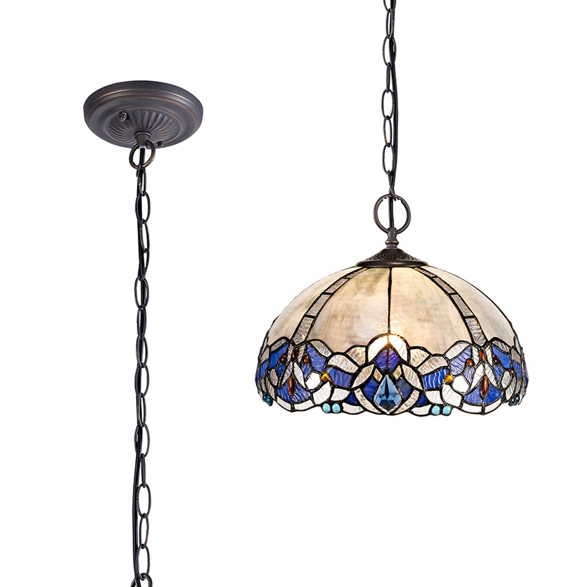 Oksana 2/3 Light Centre Ceiling Downlight E27 With Medium/Large Tiffany Shade, Blue & Clear Crystal & Aged Antique Brass