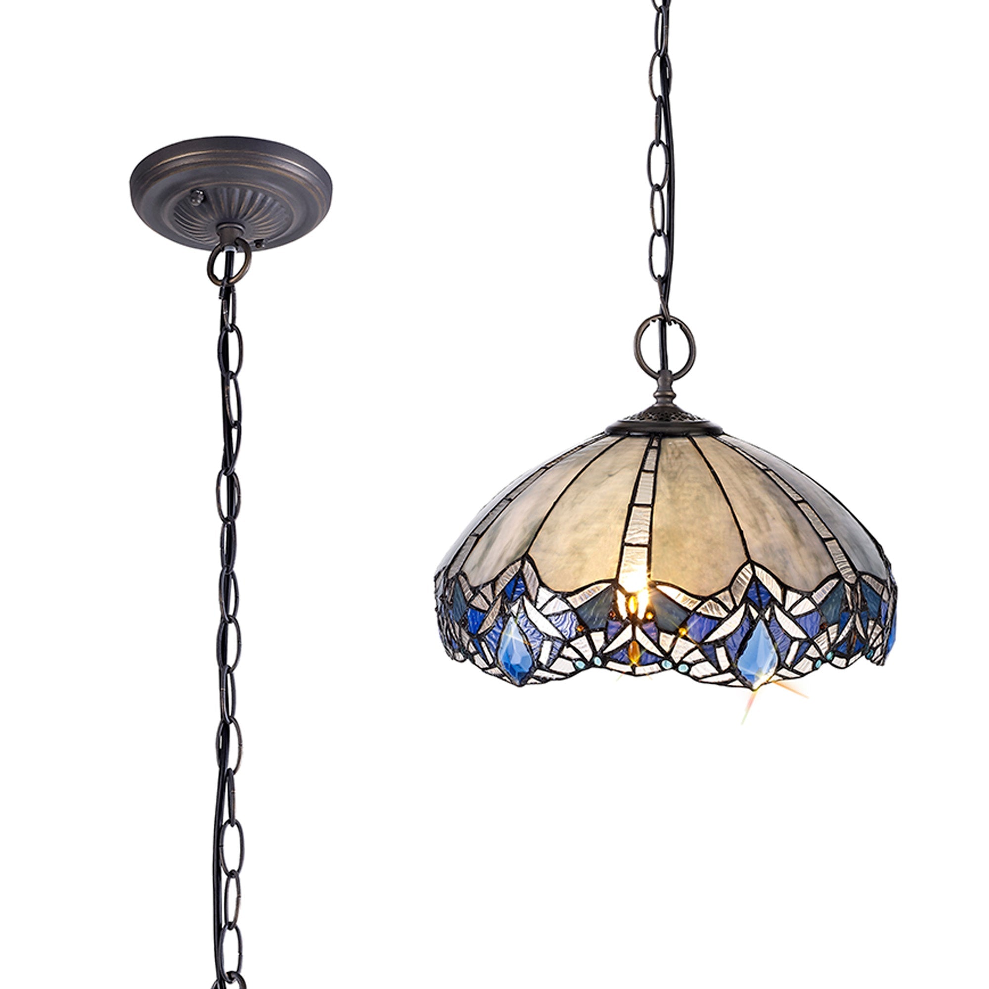 Oksana 2/3 Light Centre Ceiling Downlight E27 With Medium/Large Tiffany Shade, Blue & Clear Crystal & Aged Antique Brass