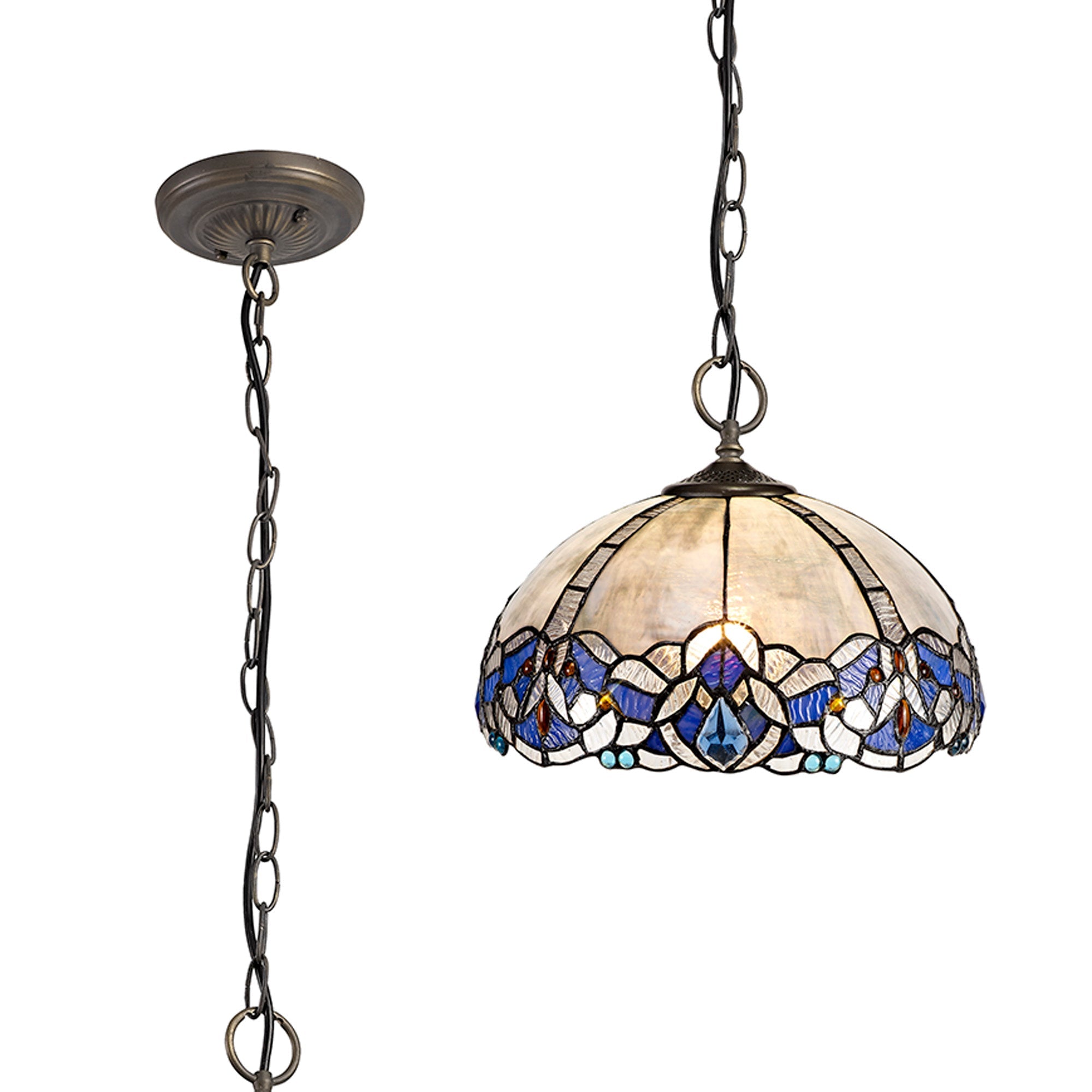 Oksana 2/3 Light Centre Ceiling Downlight E27 With Medium/Large Tiffany Shade, Blue & Clear Crystal & Aged Antique Brass
