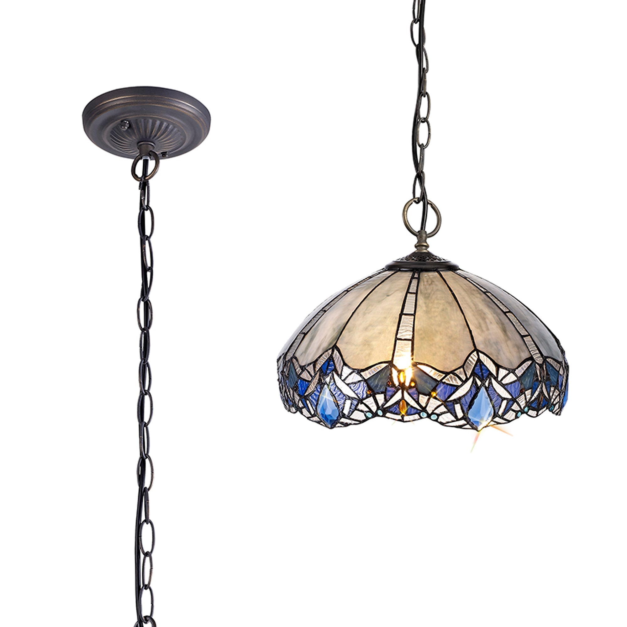 Oksana 2/3 Light Centre Ceiling Downlight E27 With Medium/Large Tiffany Shade, Blue & Clear Crystal & Aged Antique Brass
