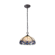 Oksana 2/3 Light Centre Ceiling Downlight E27 With Medium/Large Tiffany Shade, Blue & Clear Crystal & Aged Antique Brass