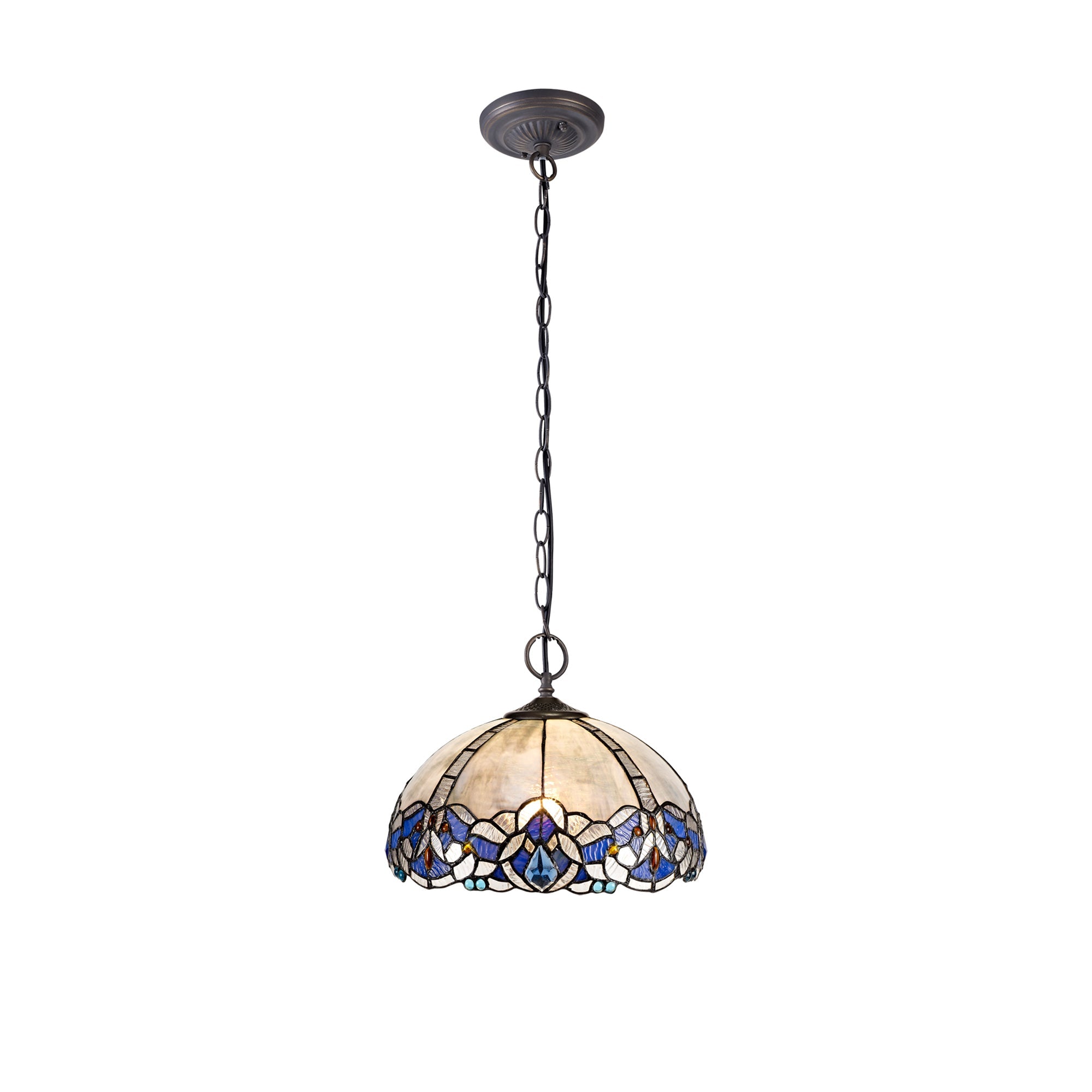 Oksana 2/3 Light Centre Ceiling Downlight E27 With Medium/Large Tiffany Shade, Blue & Clear Crystal & Aged Antique Brass