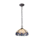 Oksana 2/3 Light Centre Ceiling Downlight E27 With Medium/Large Tiffany Shade, Blue & Clear Crystal & Aged Antique Brass