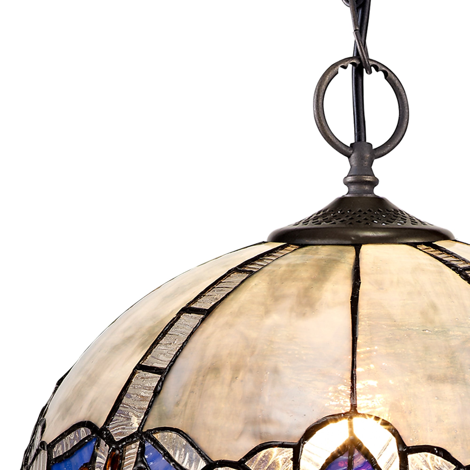 Oksana 2/3 Light Centre Ceiling Downlight E27 With Medium/Large Tiffany Shade, Blue & Clear Crystal & Aged Antique Brass
