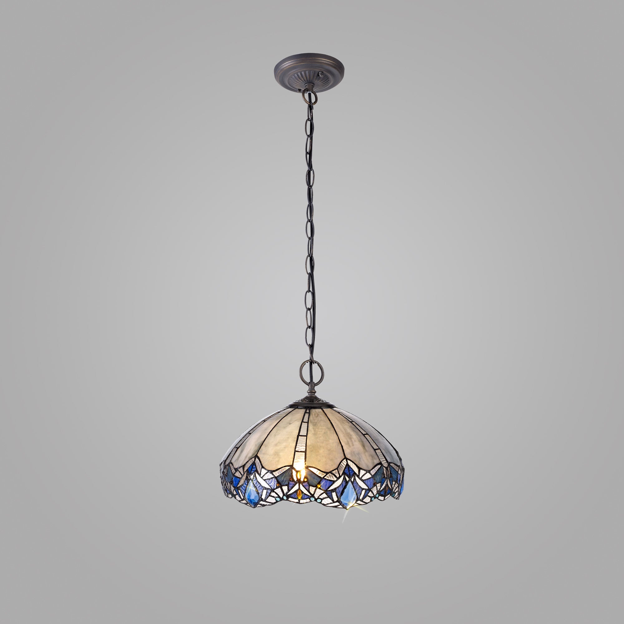 Oksana 2/3 Light Centre Ceiling Downlight E27 With Medium/Large Tiffany Shade, Blue & Clear Crystal & Aged Antique Brass