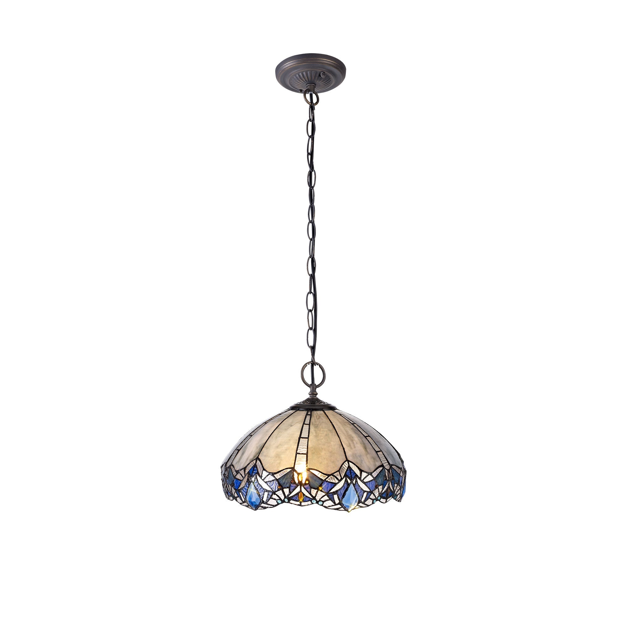 Oksana 2/3 Light Centre Ceiling Downlight E27 With Medium/Large Tiffany Shade, Blue & Clear Crystal & Aged Antique Brass