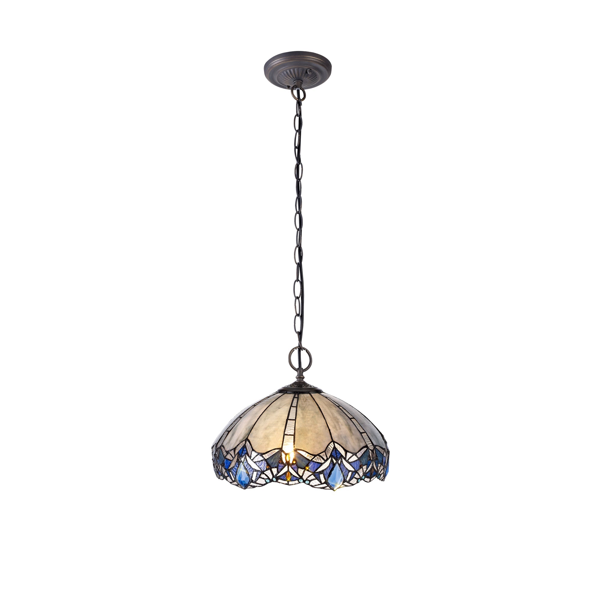 Oksana 2/3 Light Centre Ceiling Downlight E27 With Medium/Large Tiffany Shade, Blue & Clear Crystal & Aged Antique Brass