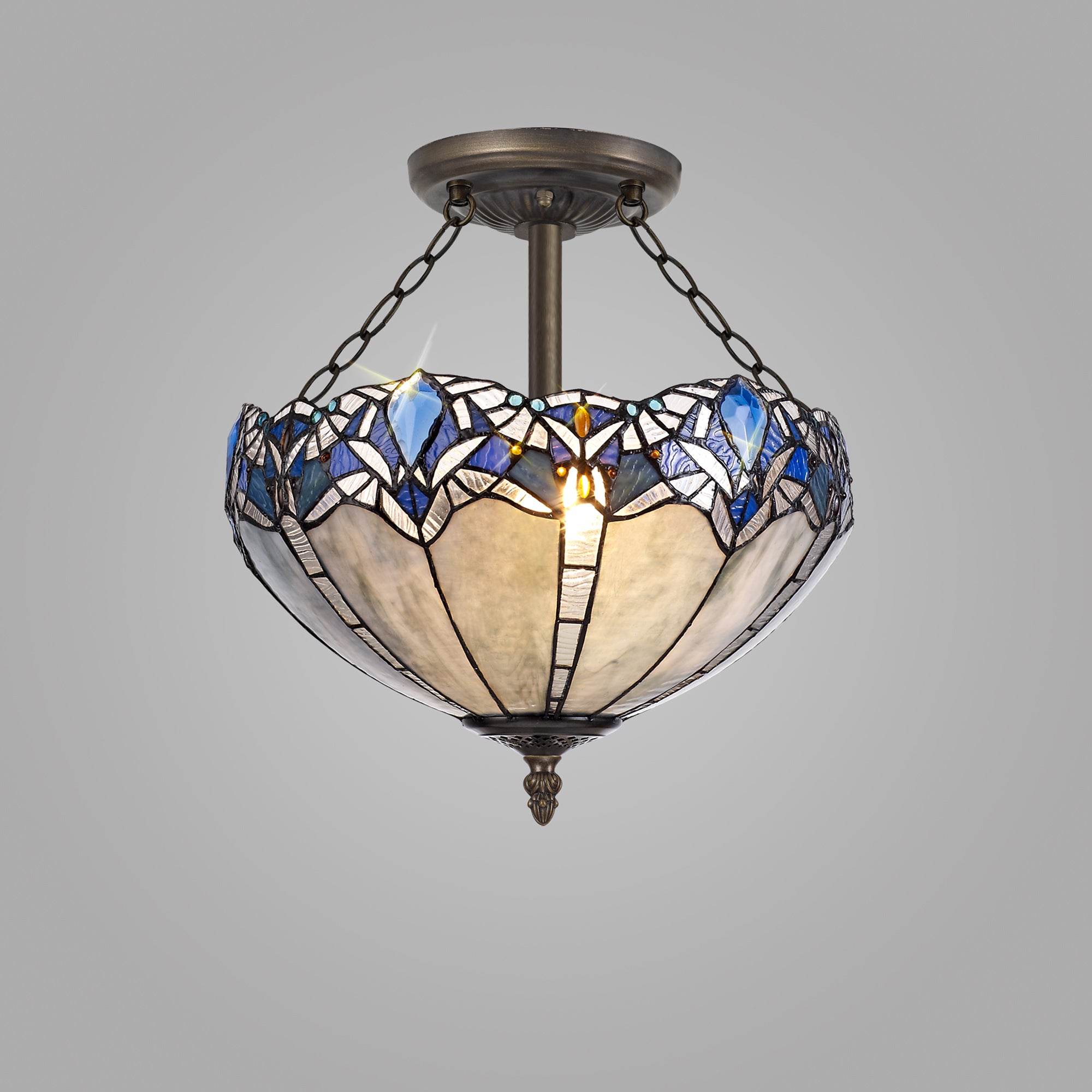 Oksana 2/3 Light Medium/Large Indoor Semi Flush Ceiling Light E27 With Tiffany Shade, Blue & Clear Crystal & Aged Antique Brass