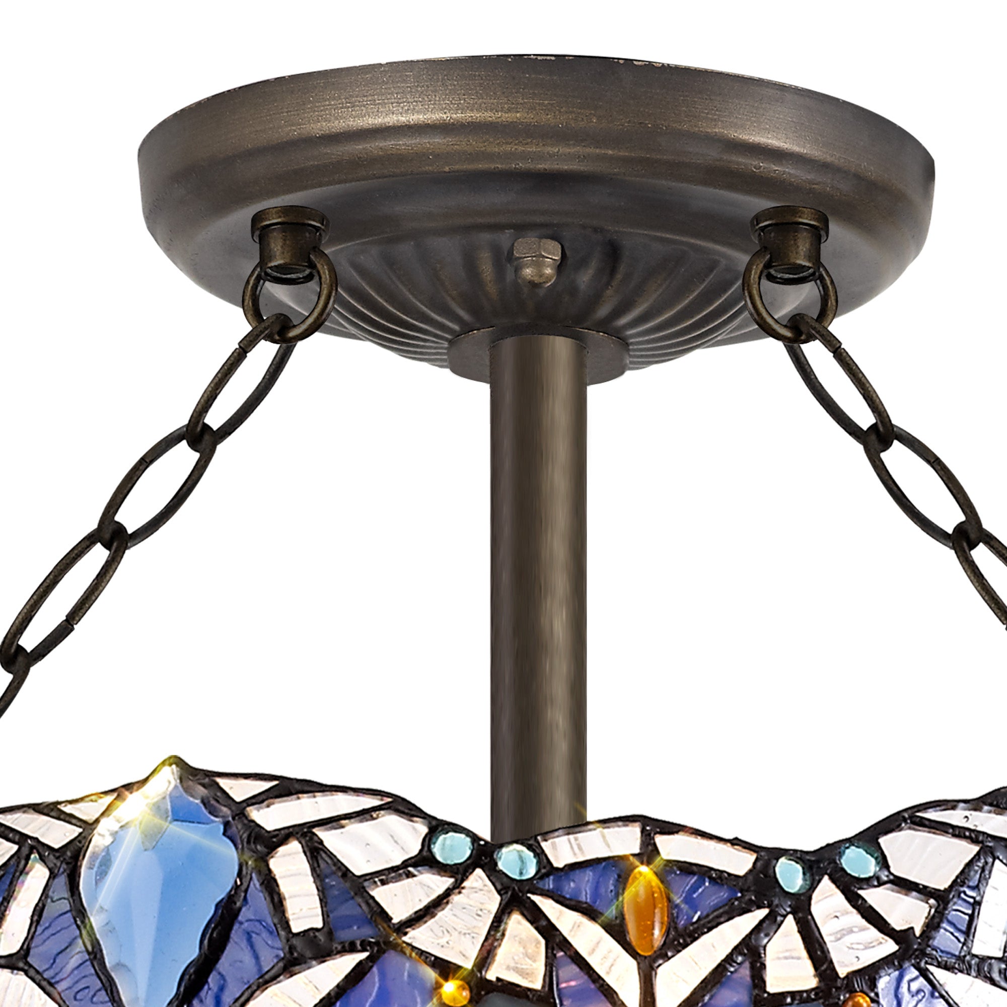 Oksana 2/3 Light Medium/Large Indoor Semi Flush Ceiling Light E27 With Tiffany Shade, Blue & Clear Crystal & Aged Antique Brass