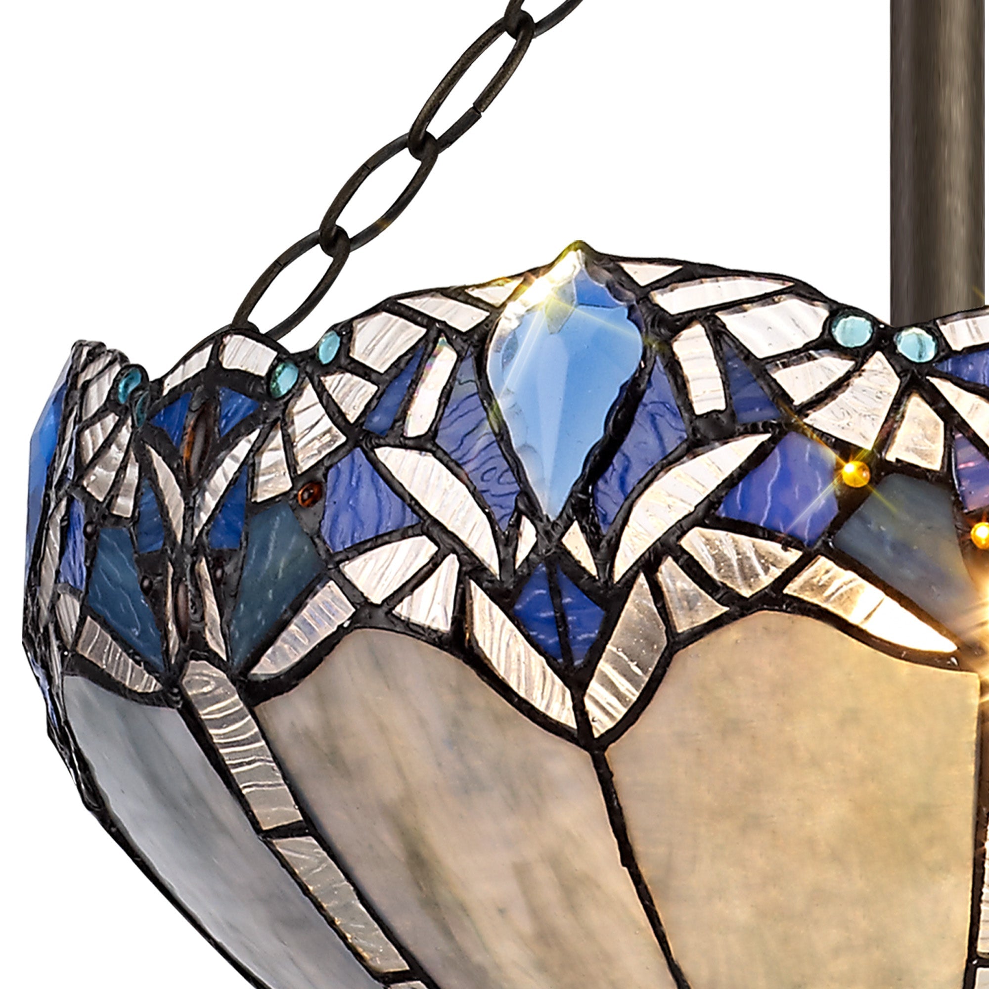 Oksana 2/3 Light Medium/Large Indoor Semi Flush Ceiling Light E27 With Tiffany Shade, Blue & Clear Crystal & Aged Antique Brass