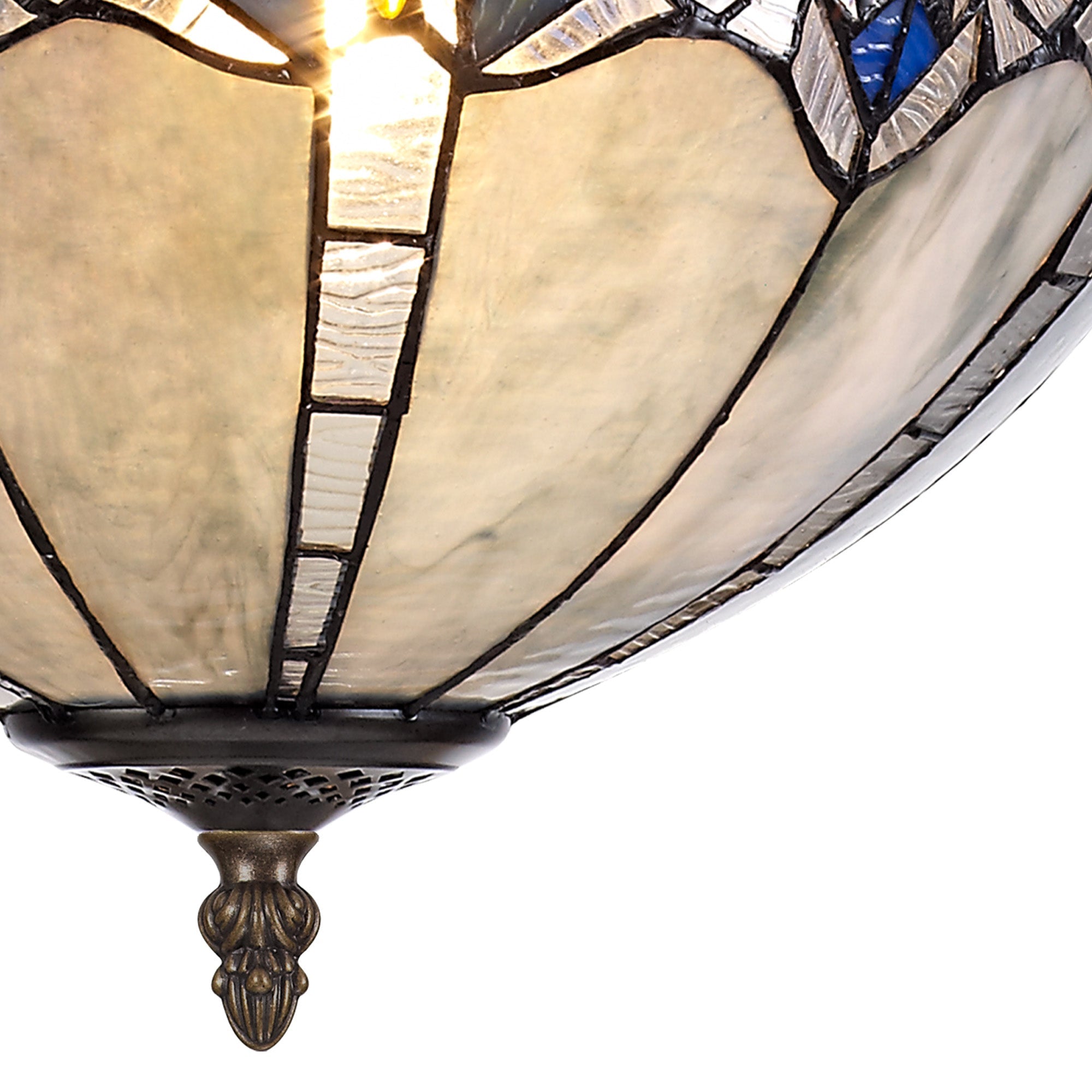 Oksana 2/3 Light Medium/Large Indoor Semi Flush Ceiling Light E27 With Tiffany Shade, Blue & Clear Crystal & Aged Antique Brass