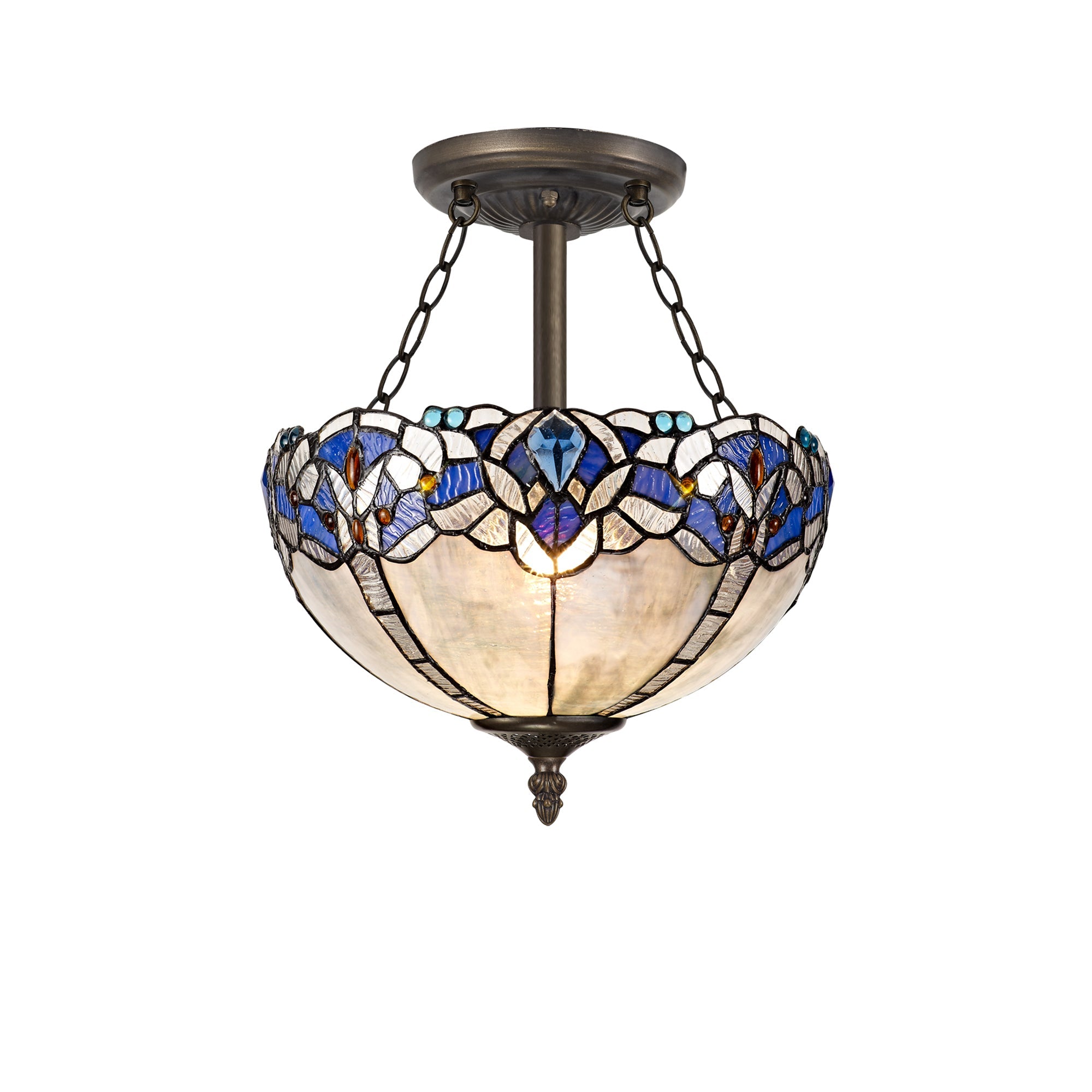 Oksana 2/3 Light Medium/Large Indoor Semi Flush Ceiling Light E27 With Tiffany Shade, Blue & Clear Crystal & Aged Antique Brass