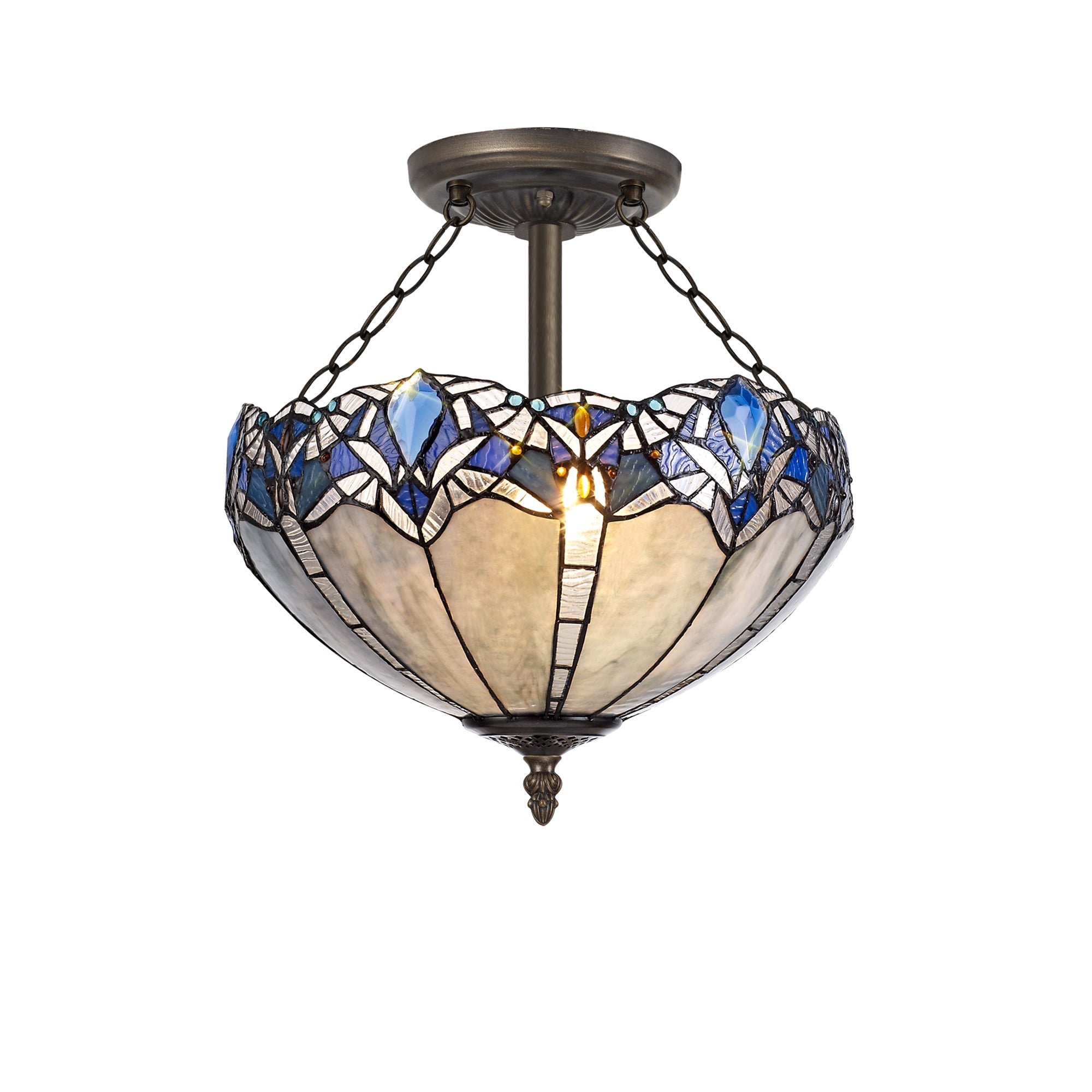 Oksana 2/3 Light Medium/Large Indoor Semi Flush Ceiling Light E27 With Tiffany Shade, Blue & Clear Crystal & Aged Antique Brass