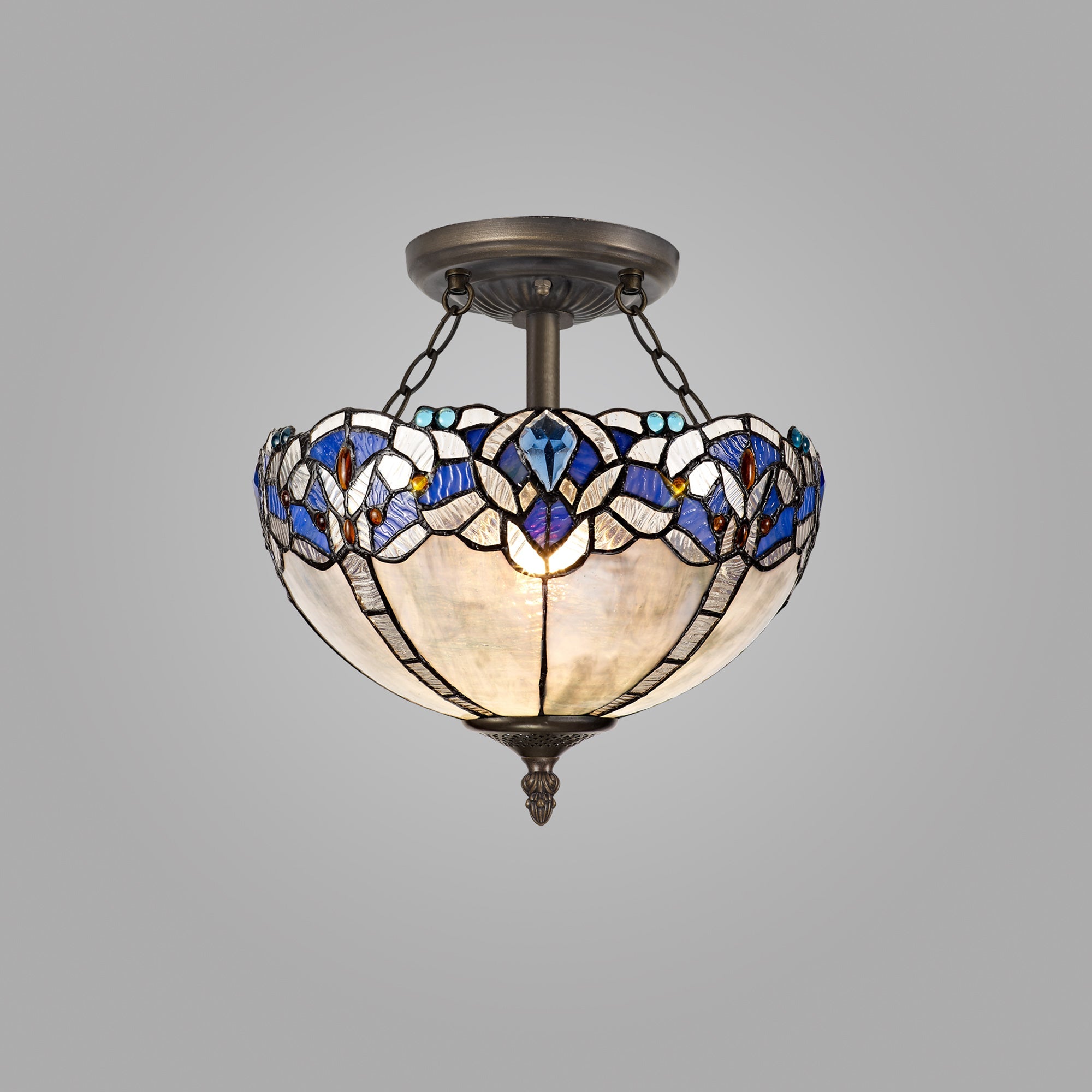 Oksana 2/3 Light Medium/Large Indoor Semi Flush Ceiling Light E27 With Tiffany Shade, Blue & Clear Crystal & Aged Antique Brass