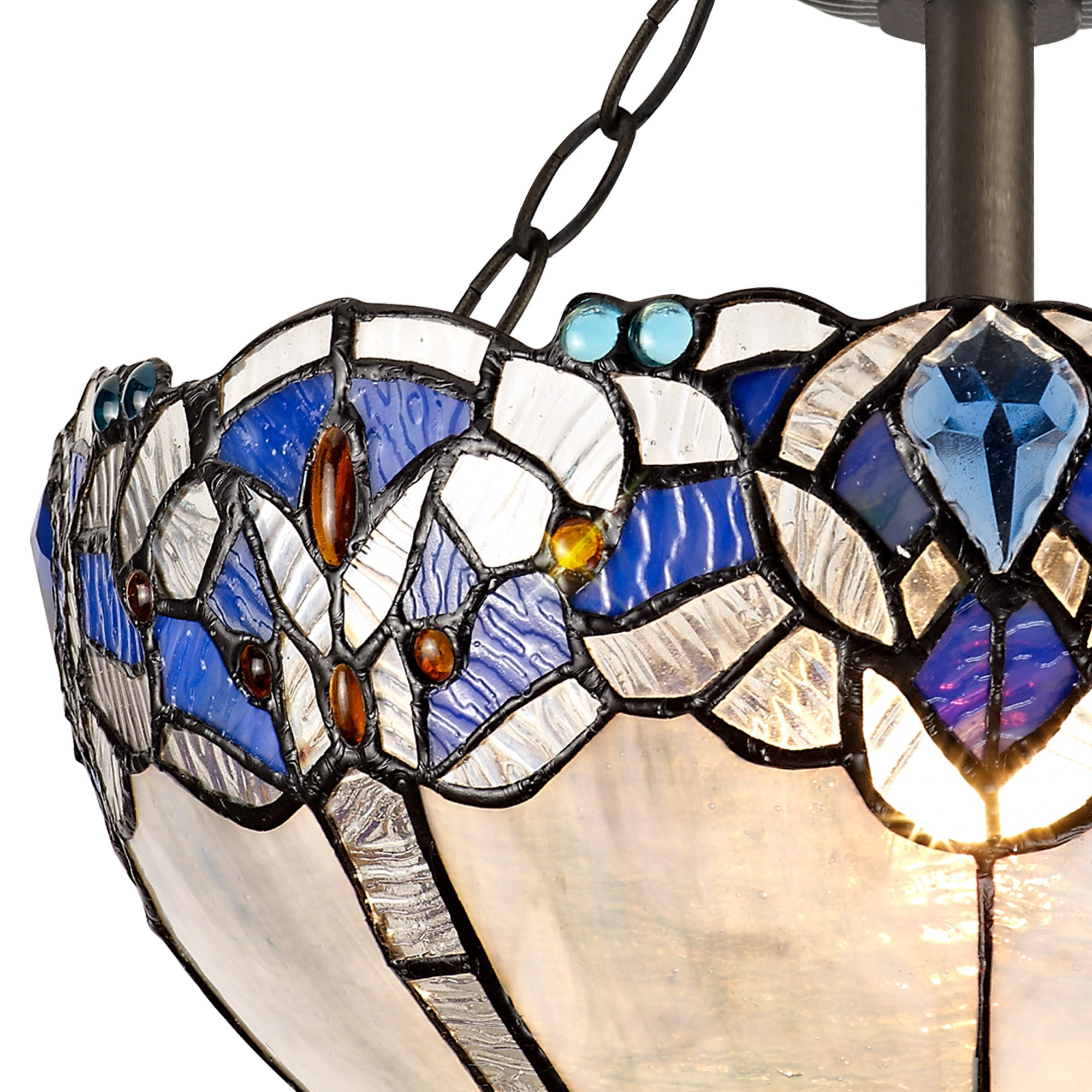 Oksana 2/3 Light Medium/Large Indoor Semi Flush Ceiling Light E27 With Tiffany Shade, Blue & Clear Crystal & Aged Antique Brass