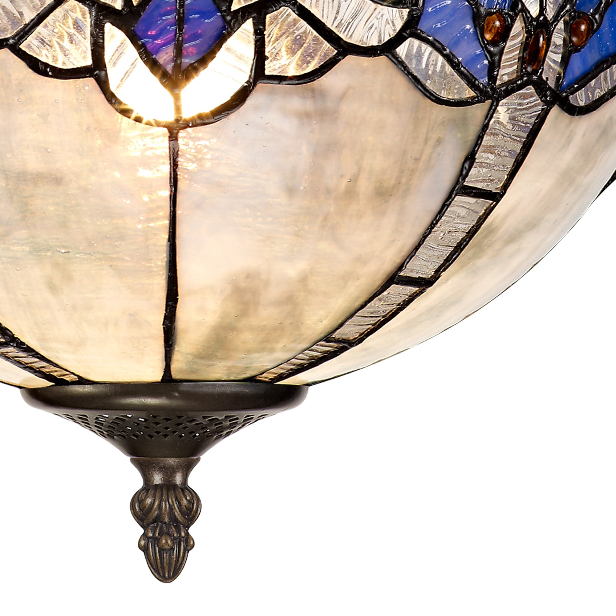 Oksana 2/3 Light Medium/Large Indoor Semi Flush Ceiling Light E27 With Tiffany Shade, Blue & Clear Crystal & Aged Antique Brass
