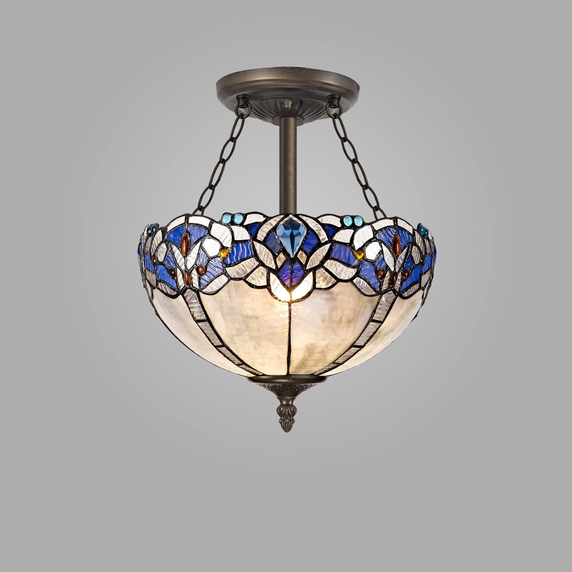 Oksana 2/3 Light Medium/Large Indoor Semi Flush Ceiling Light E27 With Tiffany Shade, Blue & Clear Crystal & Aged Antique Brass