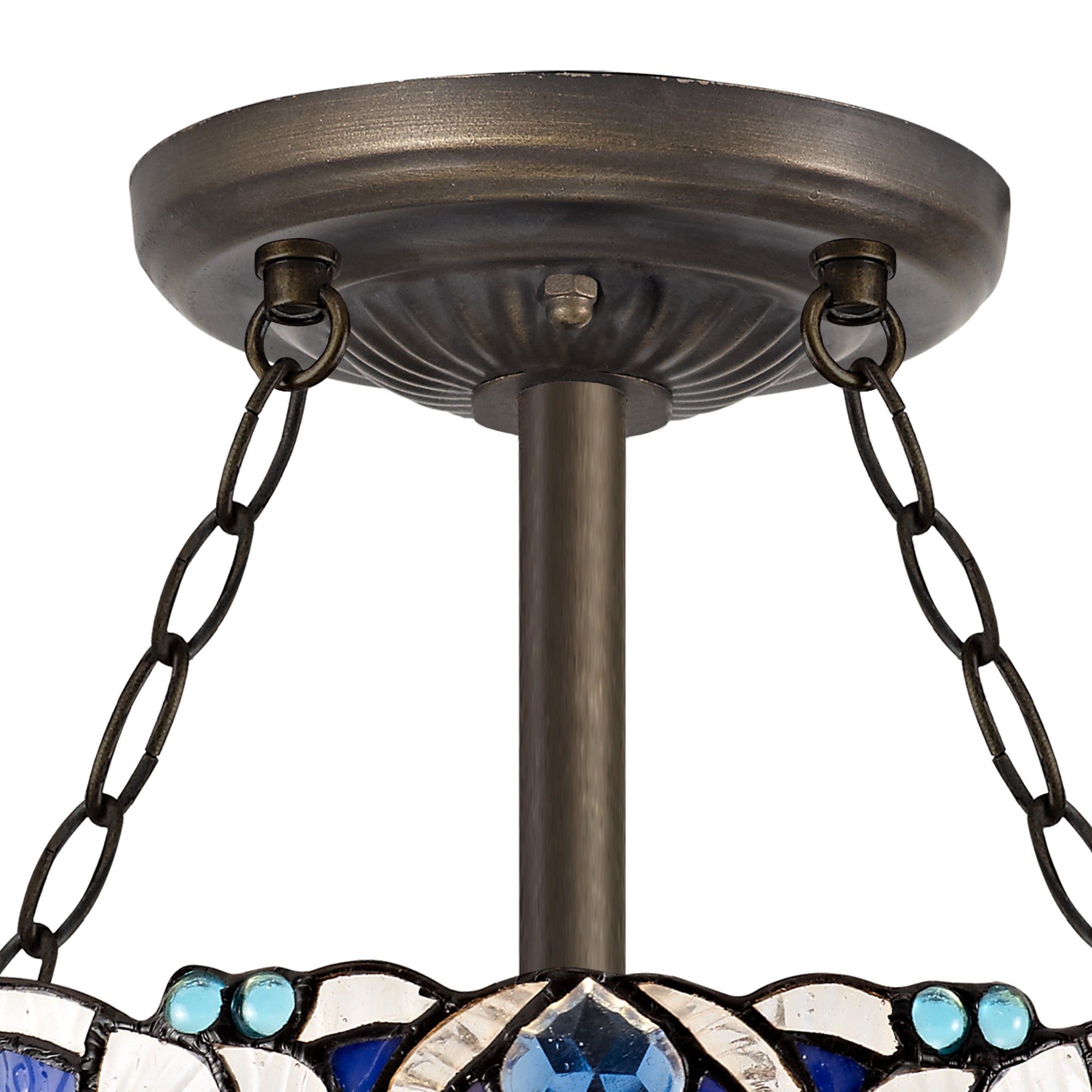 Oksana 2/3 Light Medium/Large Indoor Semi Flush Ceiling Light E27 With Tiffany Shade, Blue & Clear Crystal & Aged Antique Brass