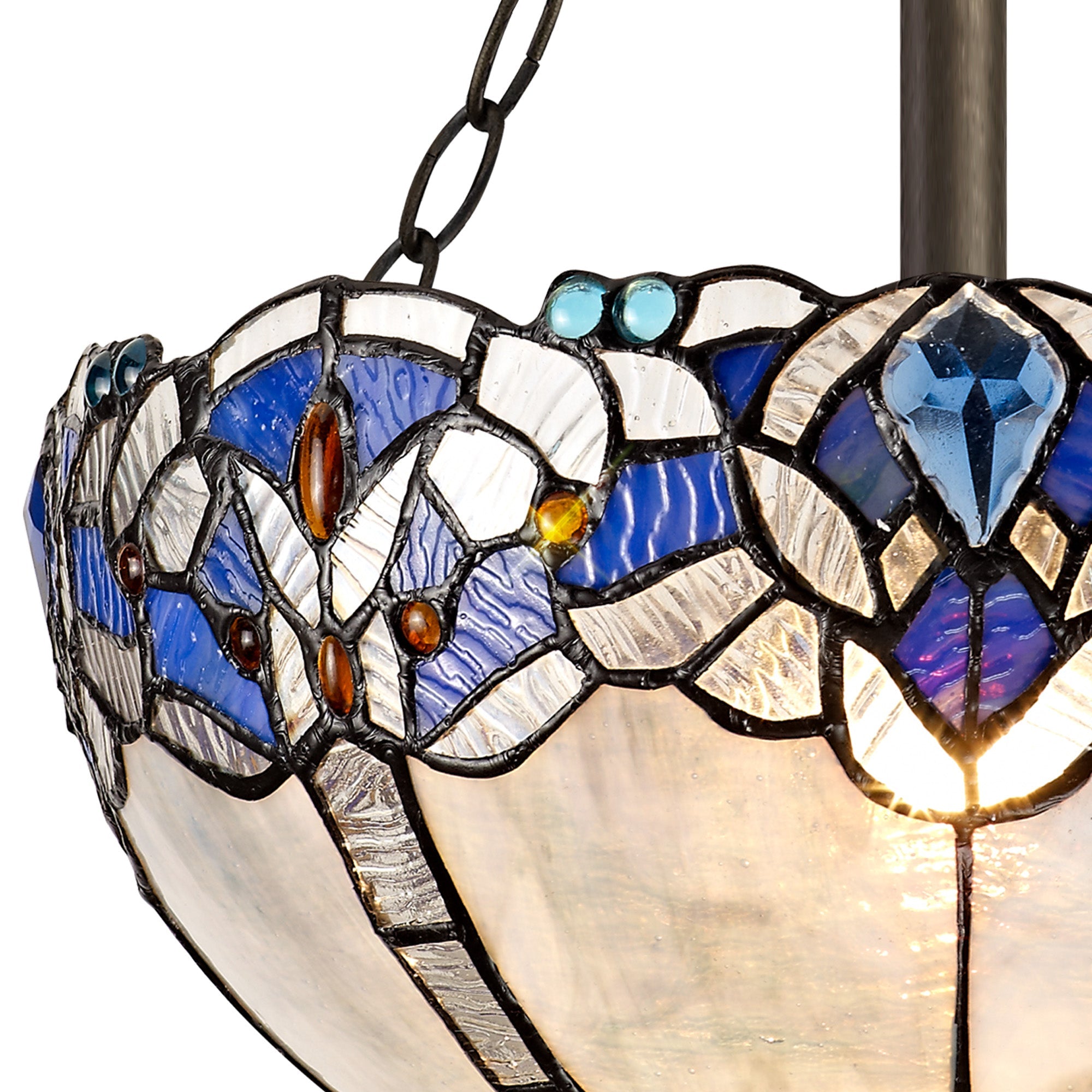 Oksana 2/3 Light Medium/Large Indoor Semi Flush Ceiling Light E27 With Tiffany Shade, Blue & Clear Crystal & Aged Antique Brass