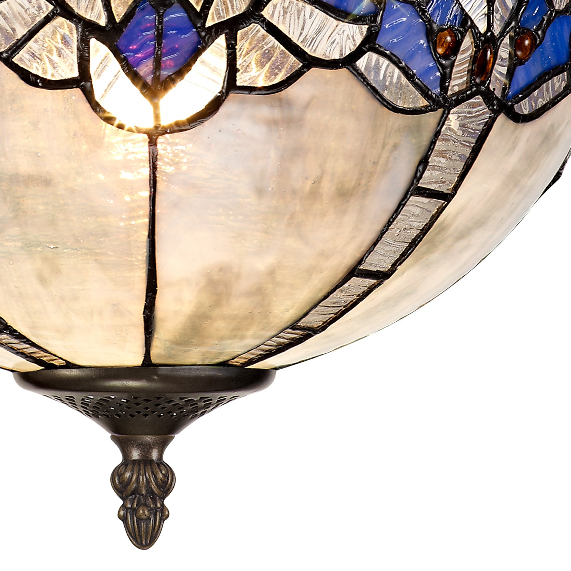 Oksana 2/3 Light Medium/Large Indoor Semi Flush Ceiling Light E27 With Tiffany Shade, Blue & Clear Crystal & Aged Antique Brass