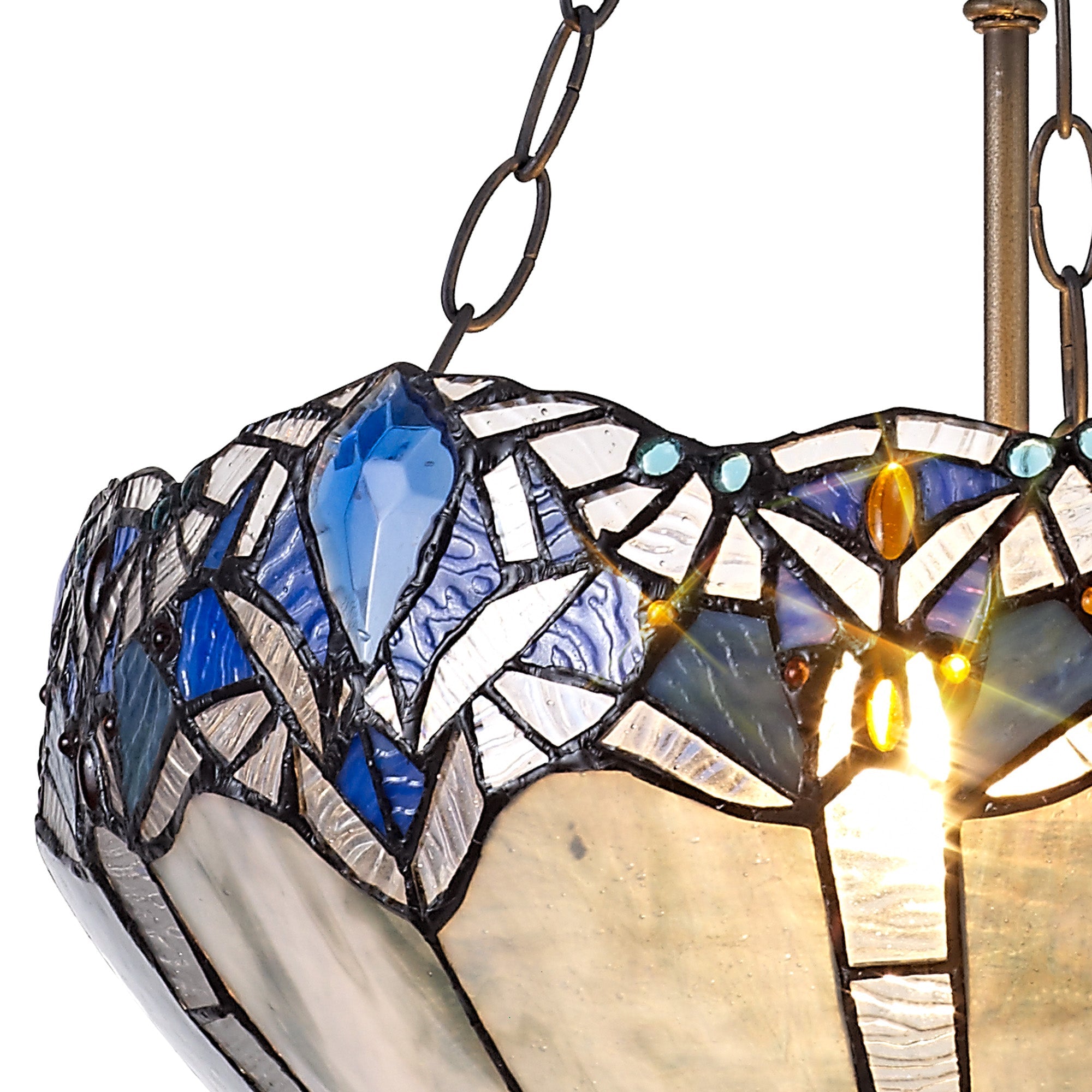 Oksana 2/3 Light Medium/Large Uplighter Centre Ceiling Light E27 With 30cm Tiffany Shade, Blue & Clear Crystal & Aged Antique Brass