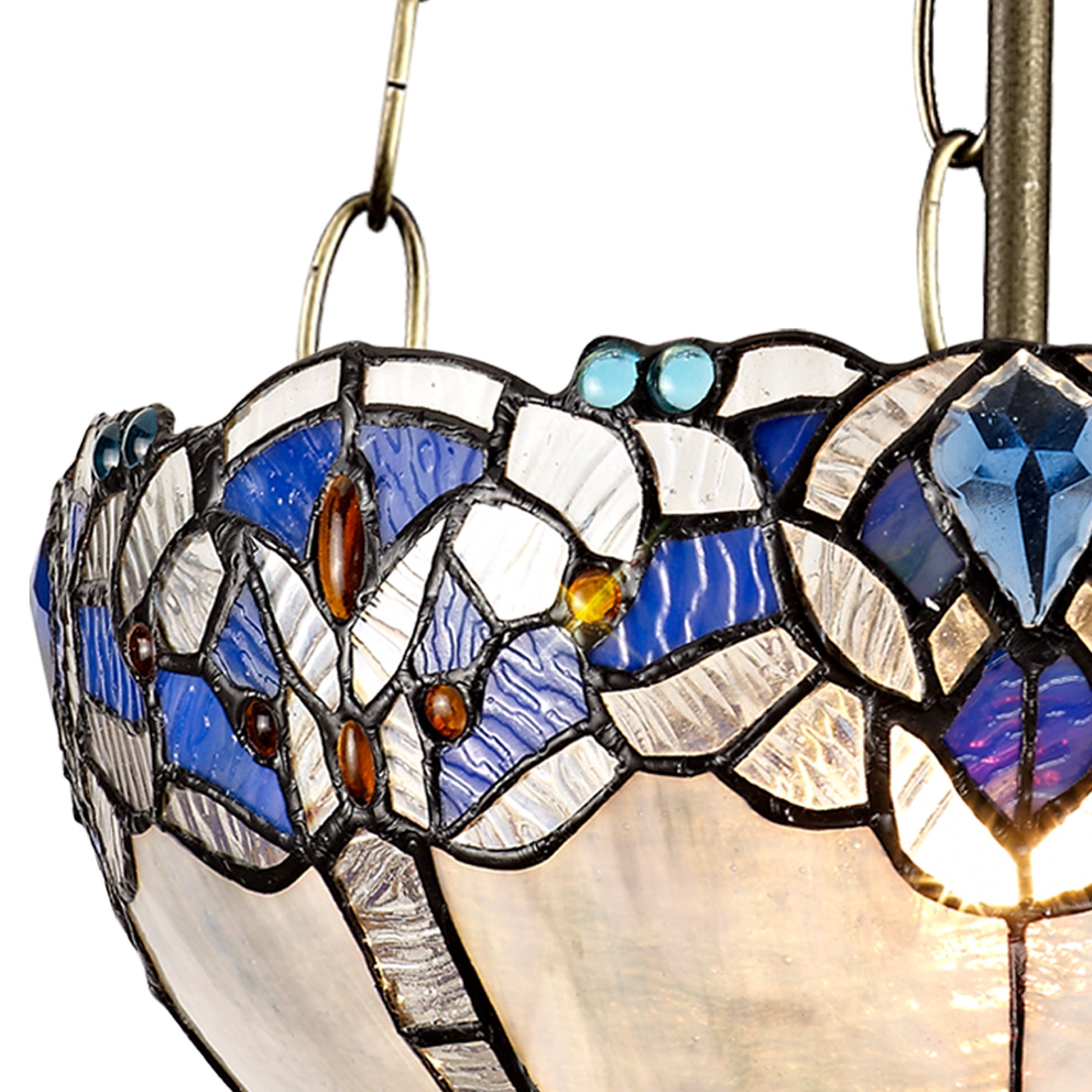 Oksana 2/3 Light Medium/Large Uplighter Centre Ceiling Light E27 With 30cm Tiffany Shade, Blue & Clear Crystal & Aged Antique Brass