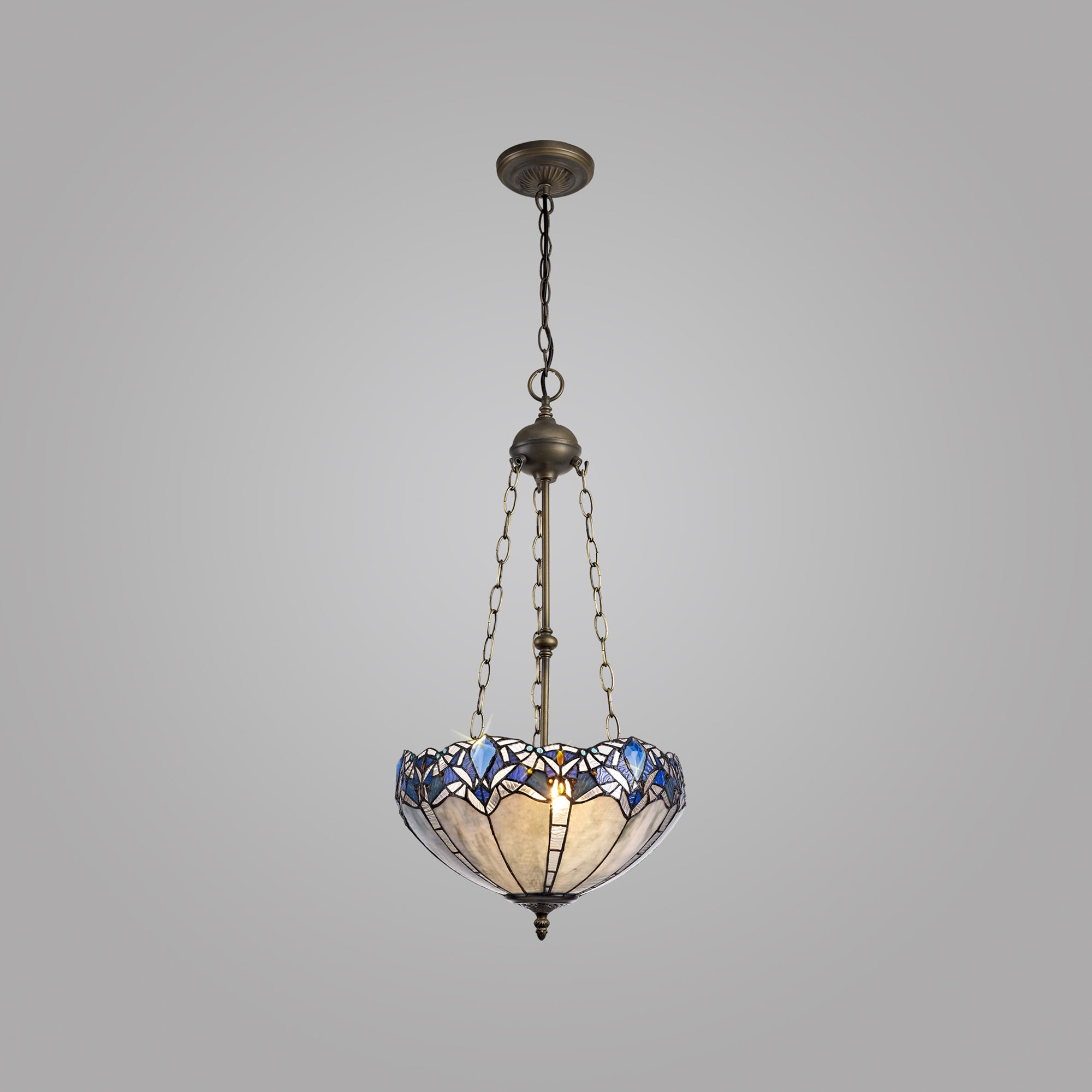 Oksana 2/3 Light Medium/Large Uplighter Centre Ceiling Light E27 With 30cm Tiffany Shade, Blue & Clear Crystal & Aged Antique Brass