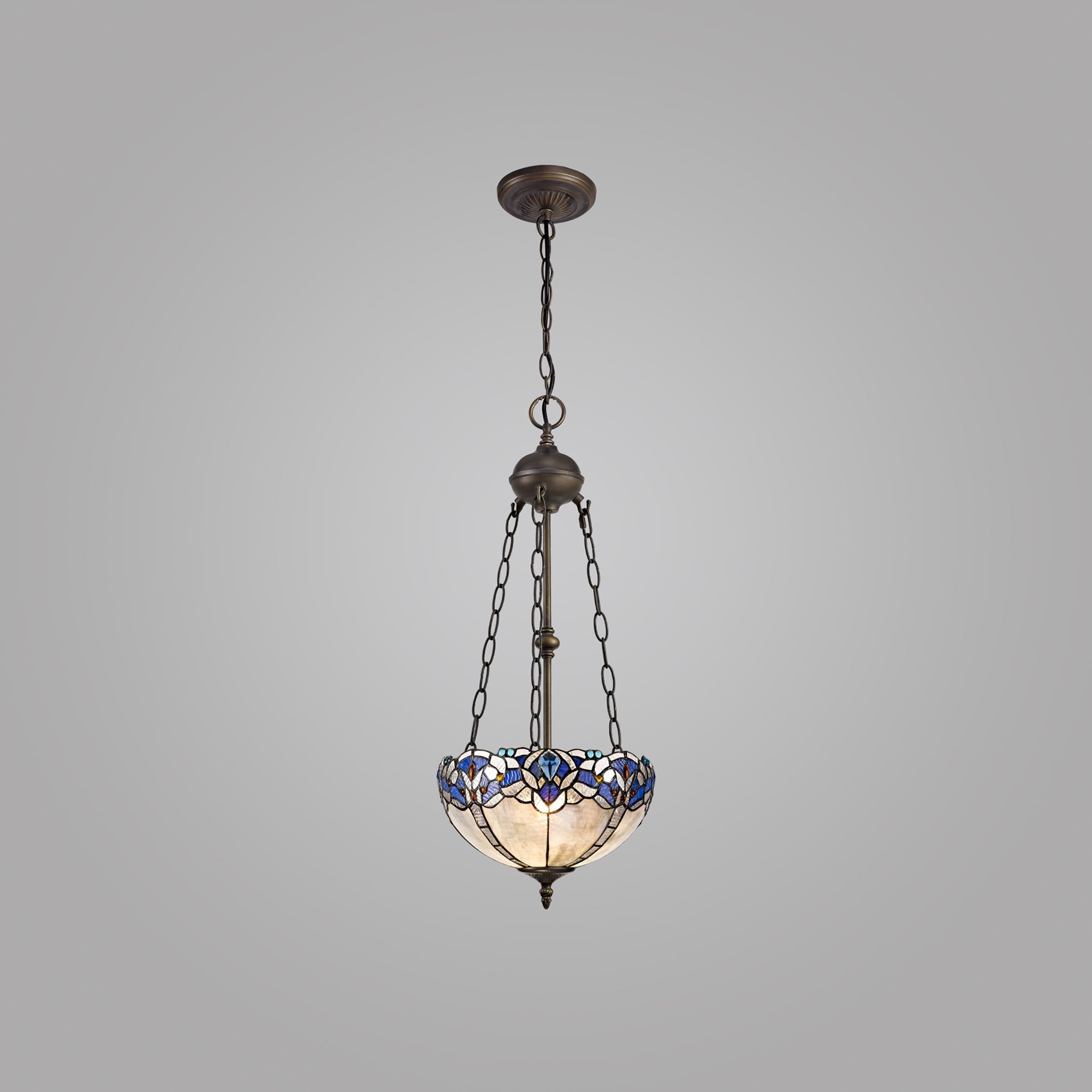 Oksana 2/3 Light Medium/Large Uplighter Centre Ceiling Light E27 With 30cm Tiffany Shade, Blue & Clear Crystal & Aged Antique Brass