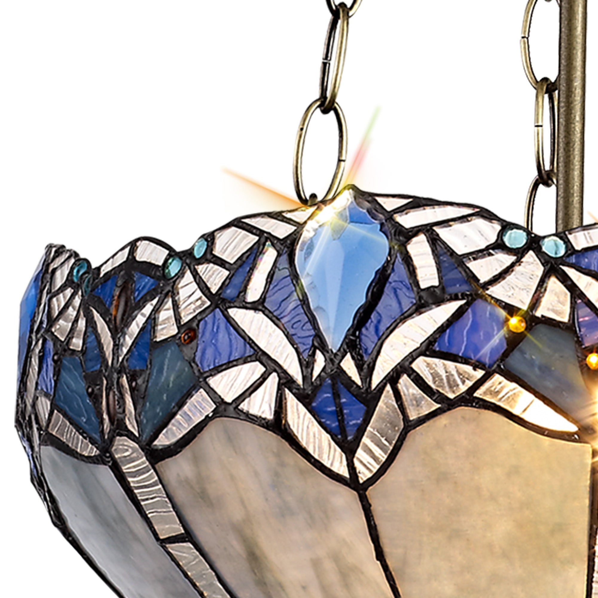 Oksana 2/3 Light Medium/Large Uplighter Centre Ceiling Light E27 With 30cm Tiffany Shade, Blue & Clear Crystal & Aged Antique Brass