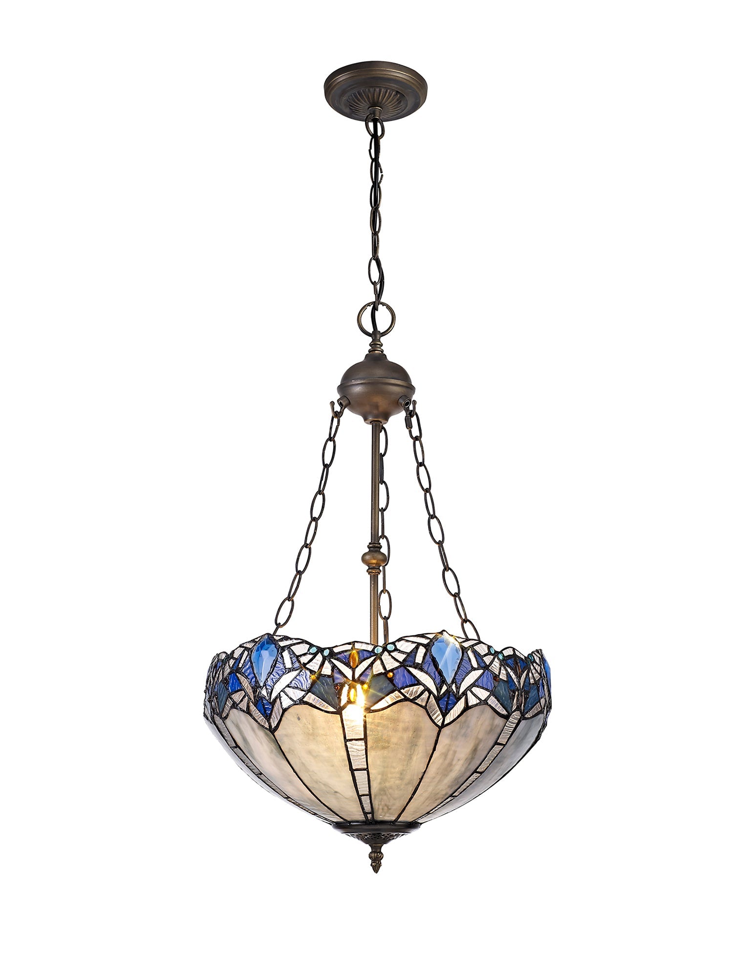 Oksana 2/3 Light Medium/Large Uplighter Centre Ceiling Light E27 With 30cm Tiffany Shade, Blue & Clear Crystal & Aged Antique Brass